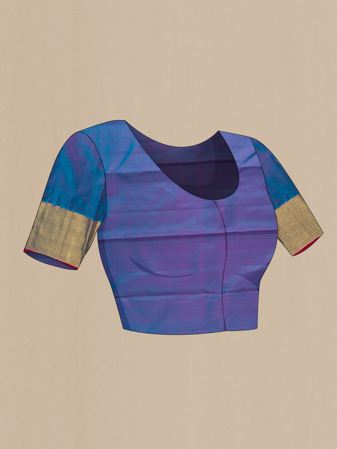 Close up image of the blouse of Pure Silk Pure Zari Green Dual Tone Kanchipuram Saree with Zari Brocade on the body and Zari Border