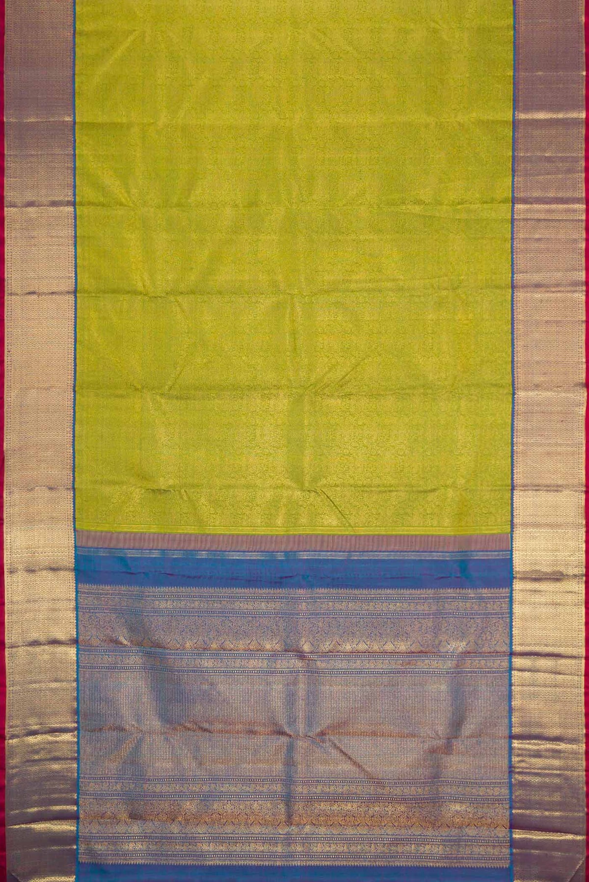 Flat view of Pure Silk Pure Zari Green Dual Tone Kanchipuram Saree with Zari Brocade on the body and Zari Border