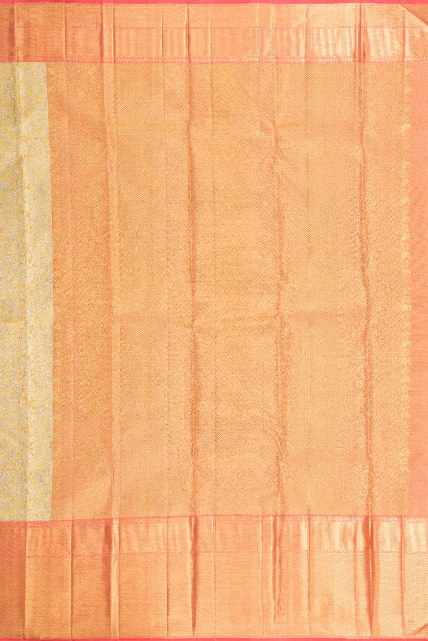 Close up image of the pallu of Pure Silk Pure Zari Gold Dual Tone Kanchipuram Tissue Saree with Zari Brocade on the body and Zari Border