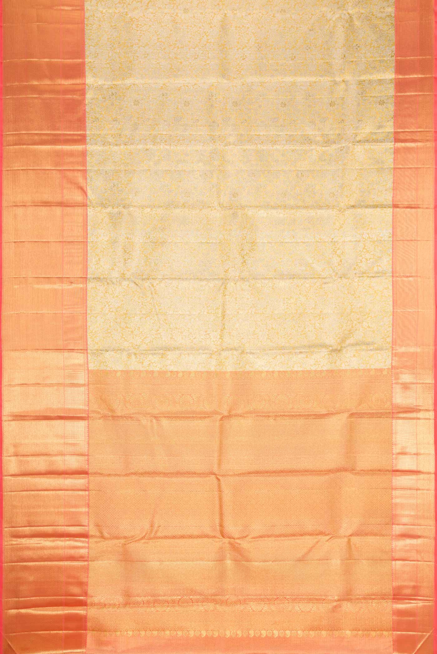 Flat view of Pure Silk Pure Zari Gold Dual Tone Kanchipuram Tissue Saree with Zari Brocade on the body and Zari Border