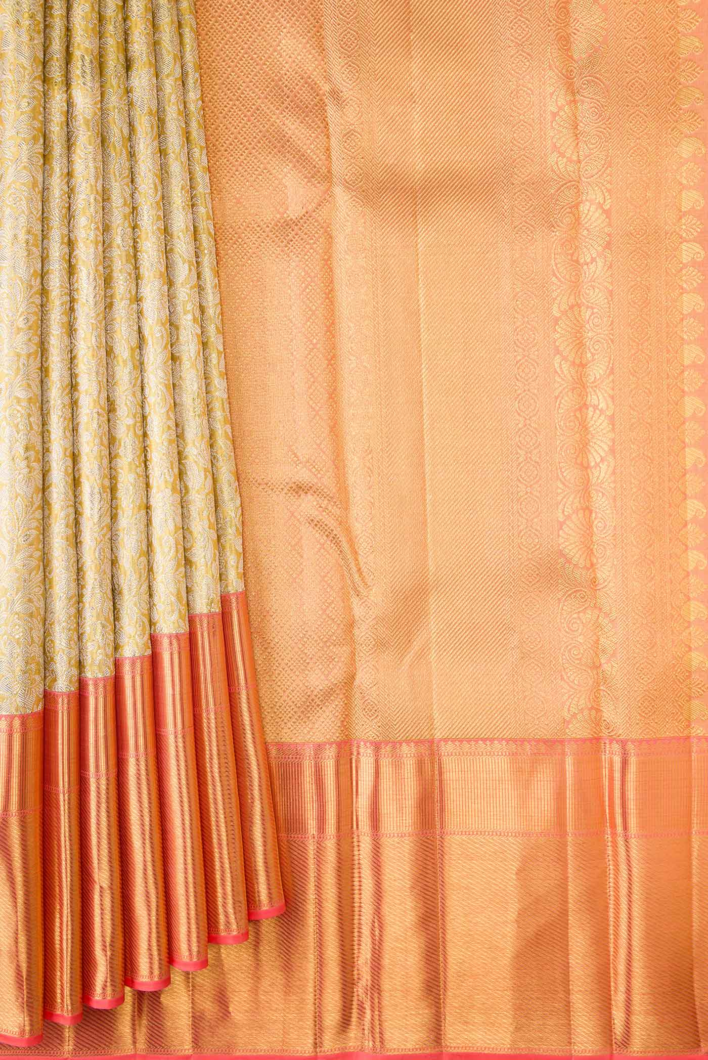 Pleats and pallu of Pure Silk Pure Zari Gold Dual Tone Kanchipuram Tissue Saree with Zari Brocade on the body and Zari Border