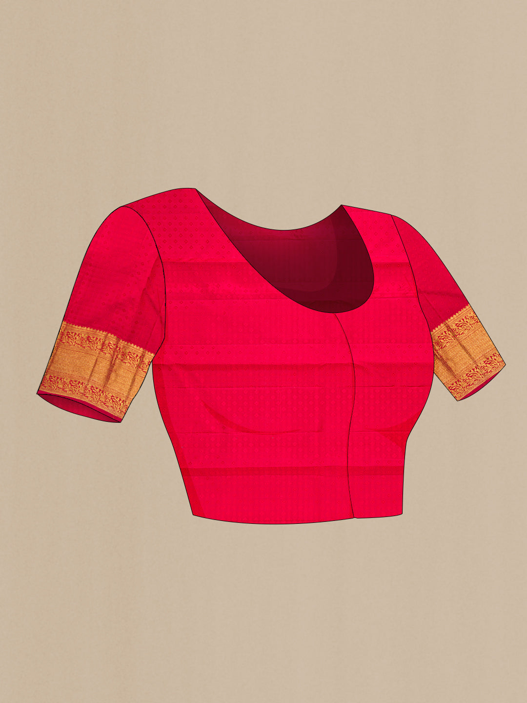 Close up image of the blouse of Red Dual Tone Kanchipuram Silk Saree with Zari Brocade on the body and Zari Border. 