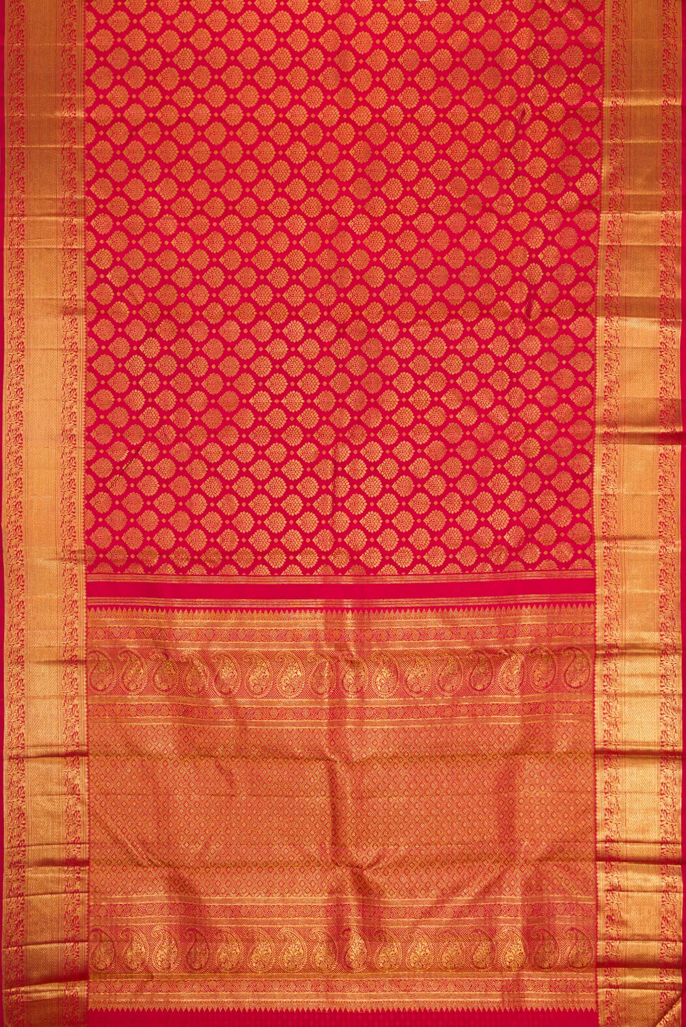 Flat view of Red Dual Tone Kanchipuram Silk Saree with Zari Brocade on the body and Zari Border. 