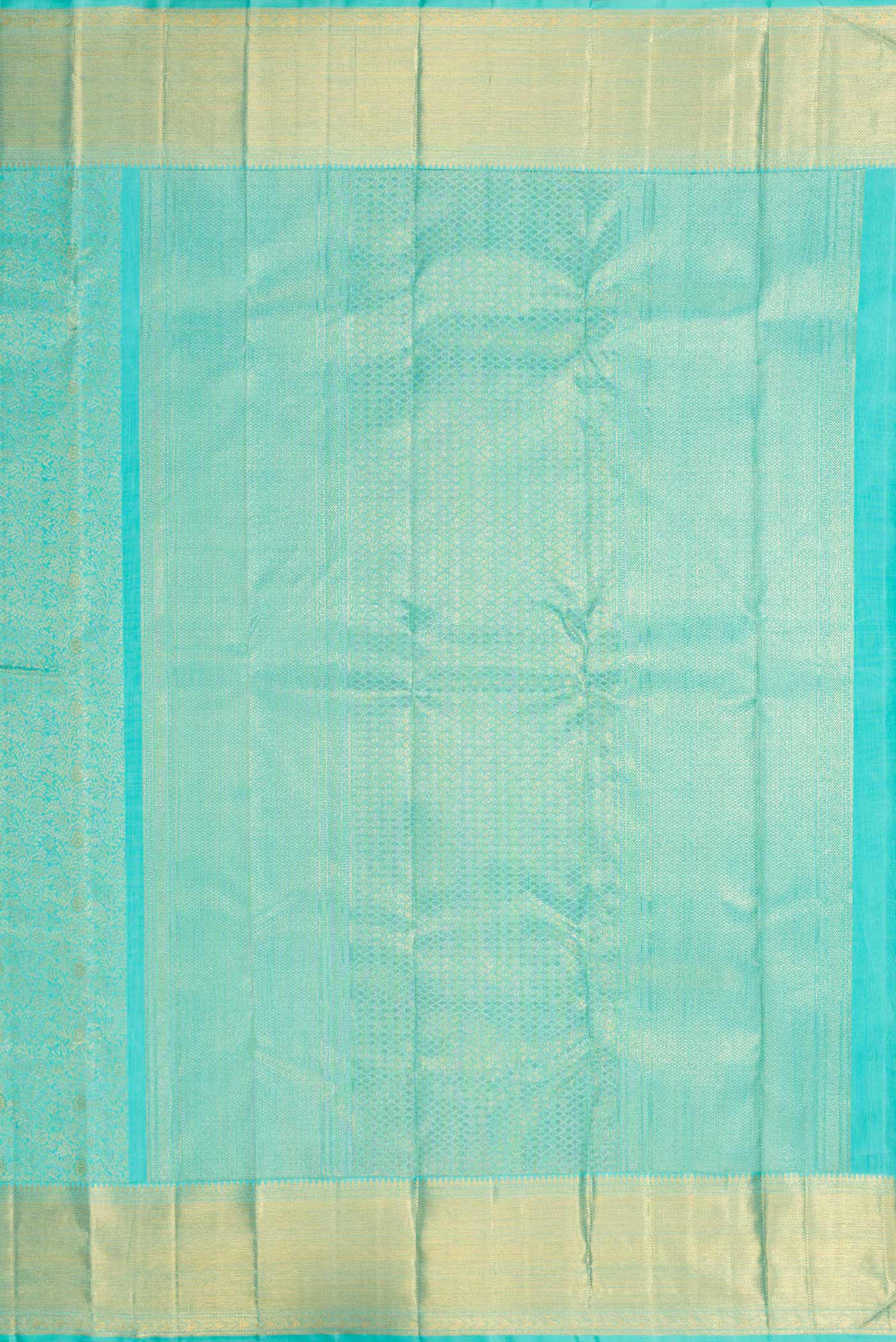 Close up image of the pallu of Sky Blue Dual Tone Kanchipuram Silk Saree with Zari Brocade on the body and Zari Border