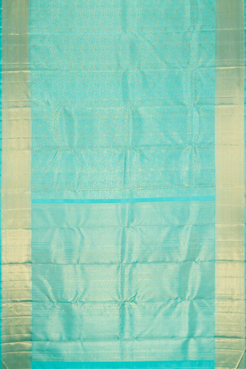 Flat view of Sky Blue Dual Tone Kanchipuram Silk Saree with Zari Brocade on the body and Zari Border