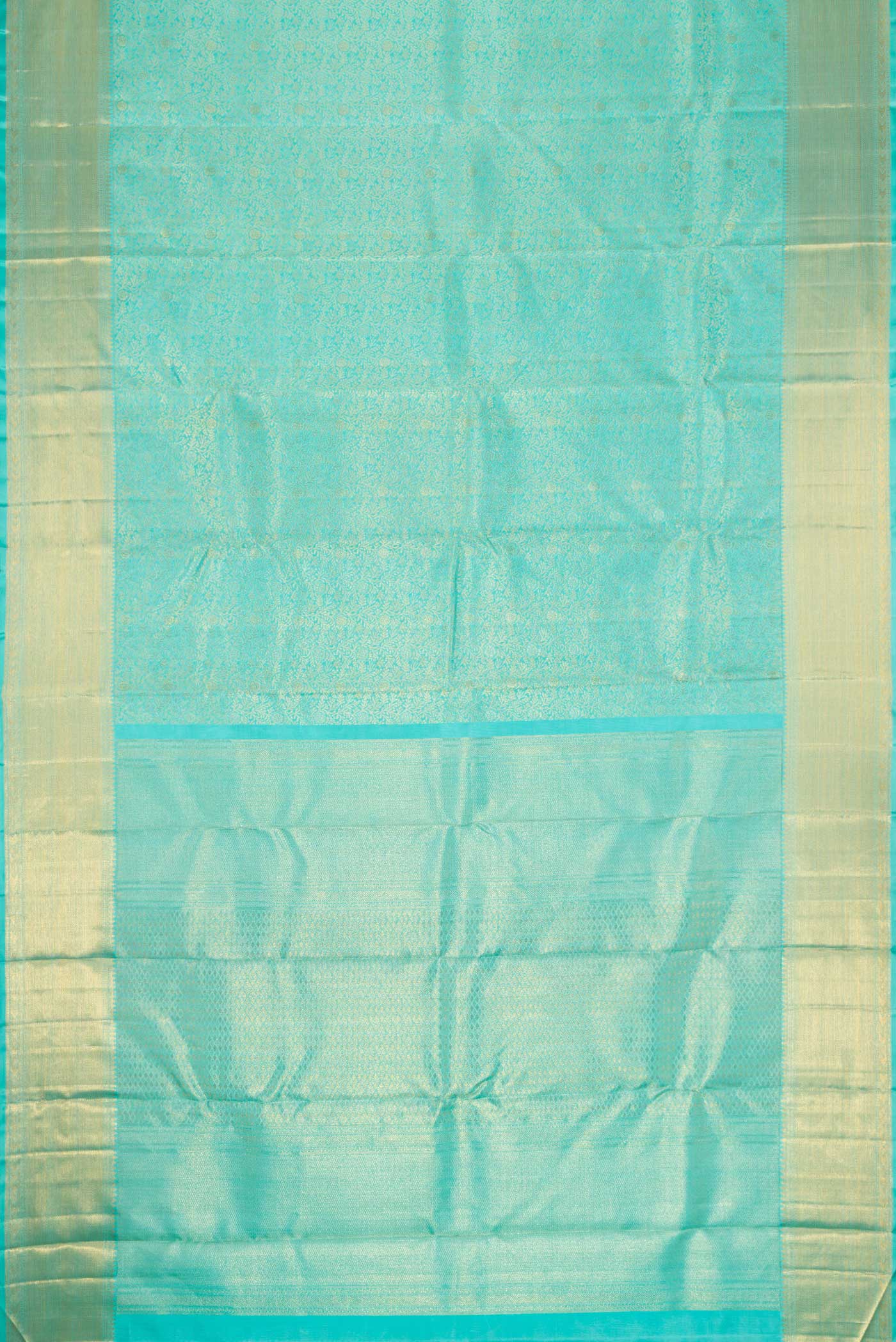 Flat view of Sky Blue Dual Tone Kanchipuram Silk Saree with Zari Brocade on the body and Zari Border