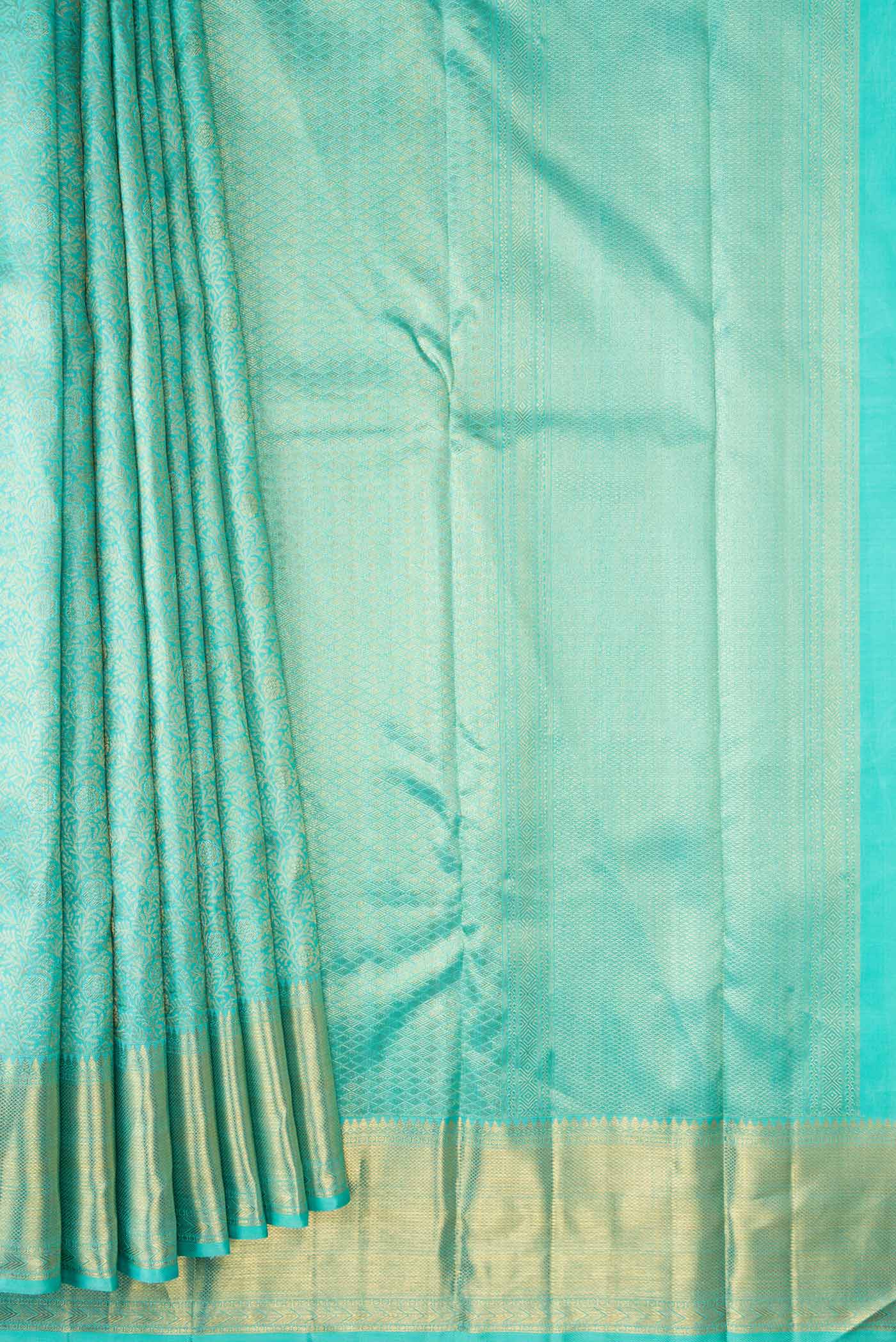 Pleats and pallu of Sky Blue Dual Tone Kanchipuram Silk Saree with Zari Brocade on the body and Zari Border