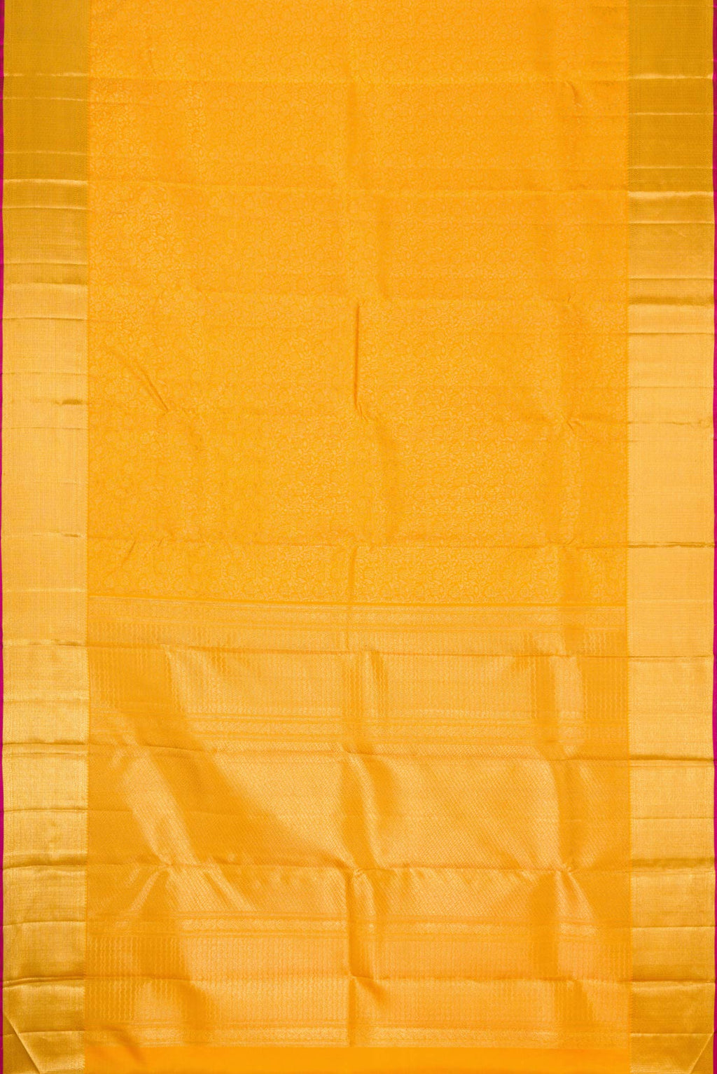Flat view of Pure Silk Pure Zari Mustard Dual Tone Kanchipuram Saree with Zari Brocade on the body and Zari Border