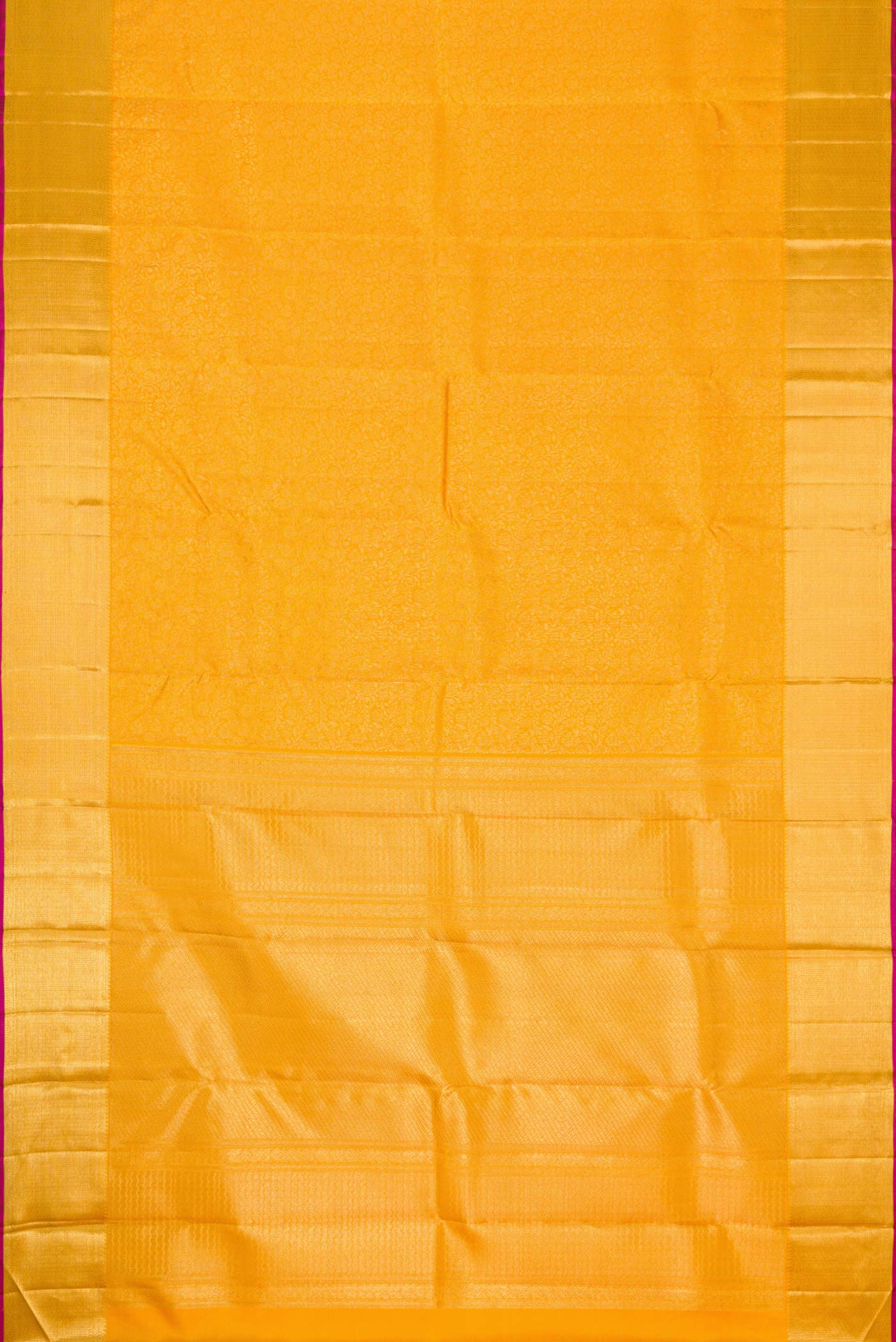 Flat view of Pure Silk Pure Zari Mustard Dual Tone Kanchipuram Saree with Zari Brocade on the body and Zari Border