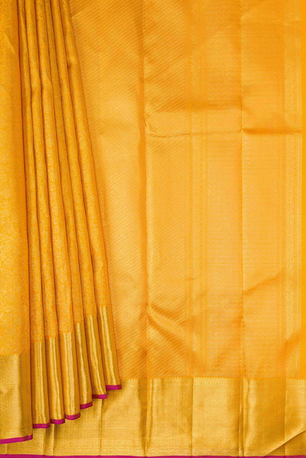 Pleats and pallu of Pure Silk Pure Zari Mustard Dual Tone Kanchipuram Saree with Zari Brocade on the body and Zari Border