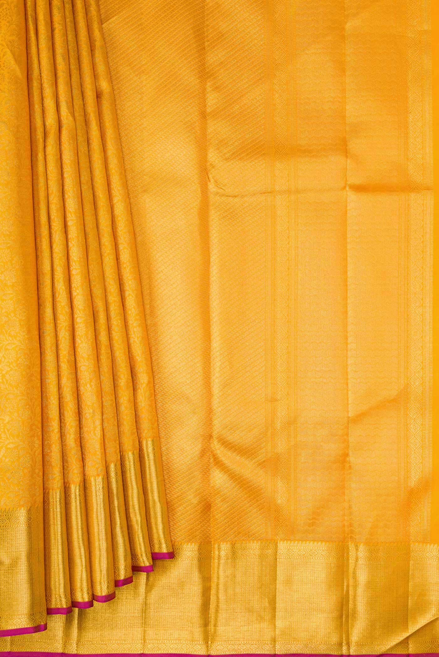 Pleats and pallu of Pure Silk Pure Zari Mustard Dual Tone Kanchipuram Saree with Zari Brocade on the body and Zari Border