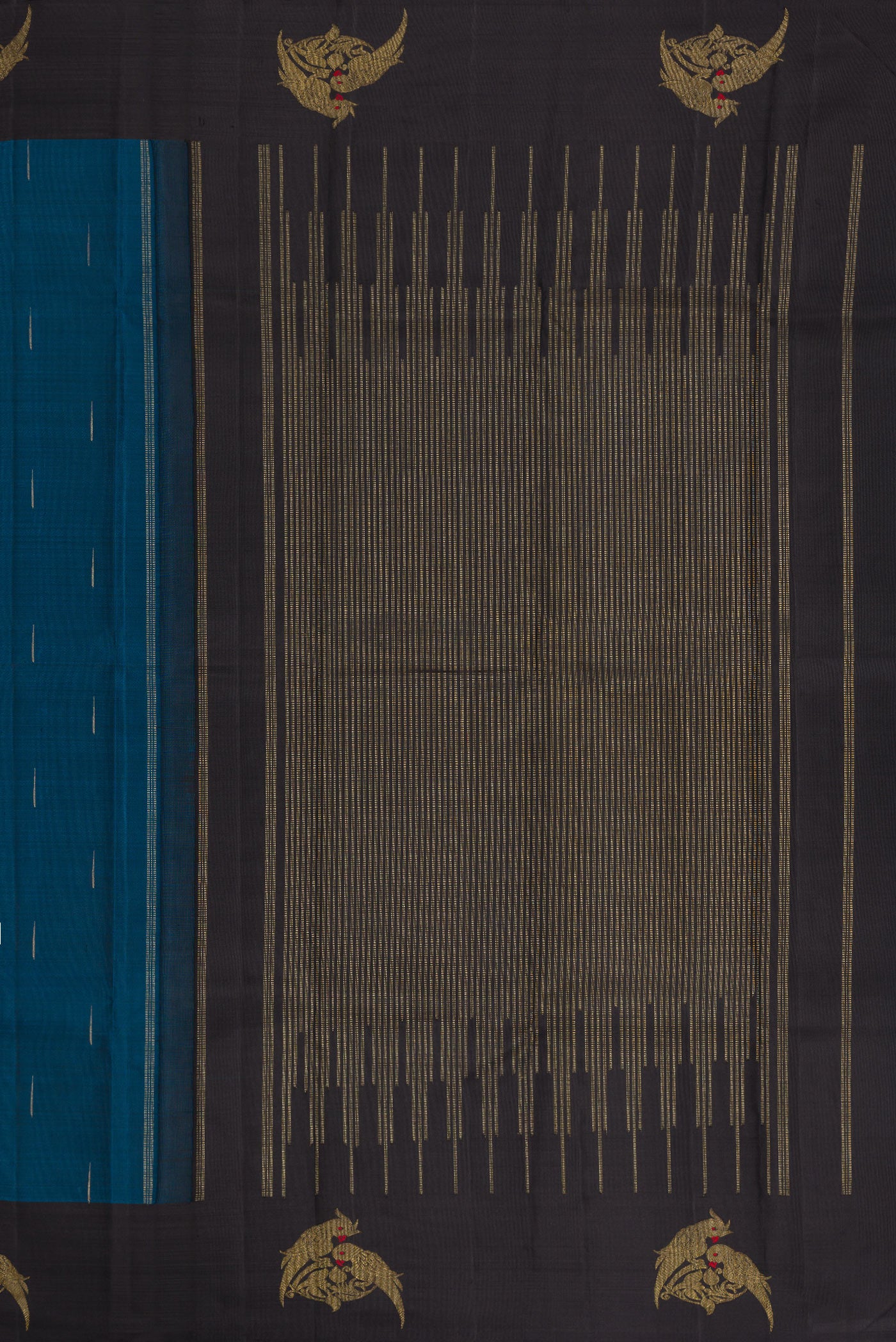 Close up image of the pallu of Pure Silk Pure Zari Maya Blue Dual Tone Kanchipuram Saree with Zari Brocade on the body and Zari Border. 