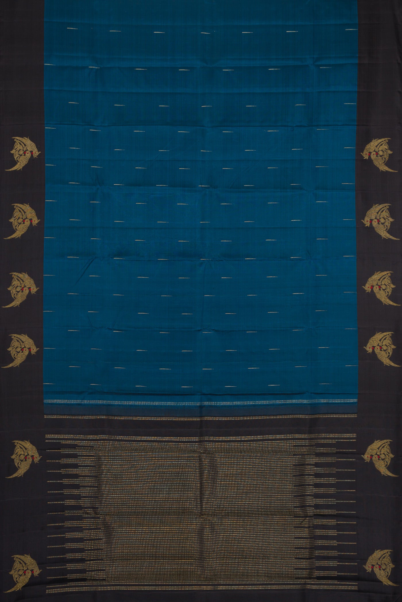 Flat view of Pure Silk Pure Zari Maya Blue Dual Tone Kanchipuram Saree with Zari Brocade on the body and Zari Border. 