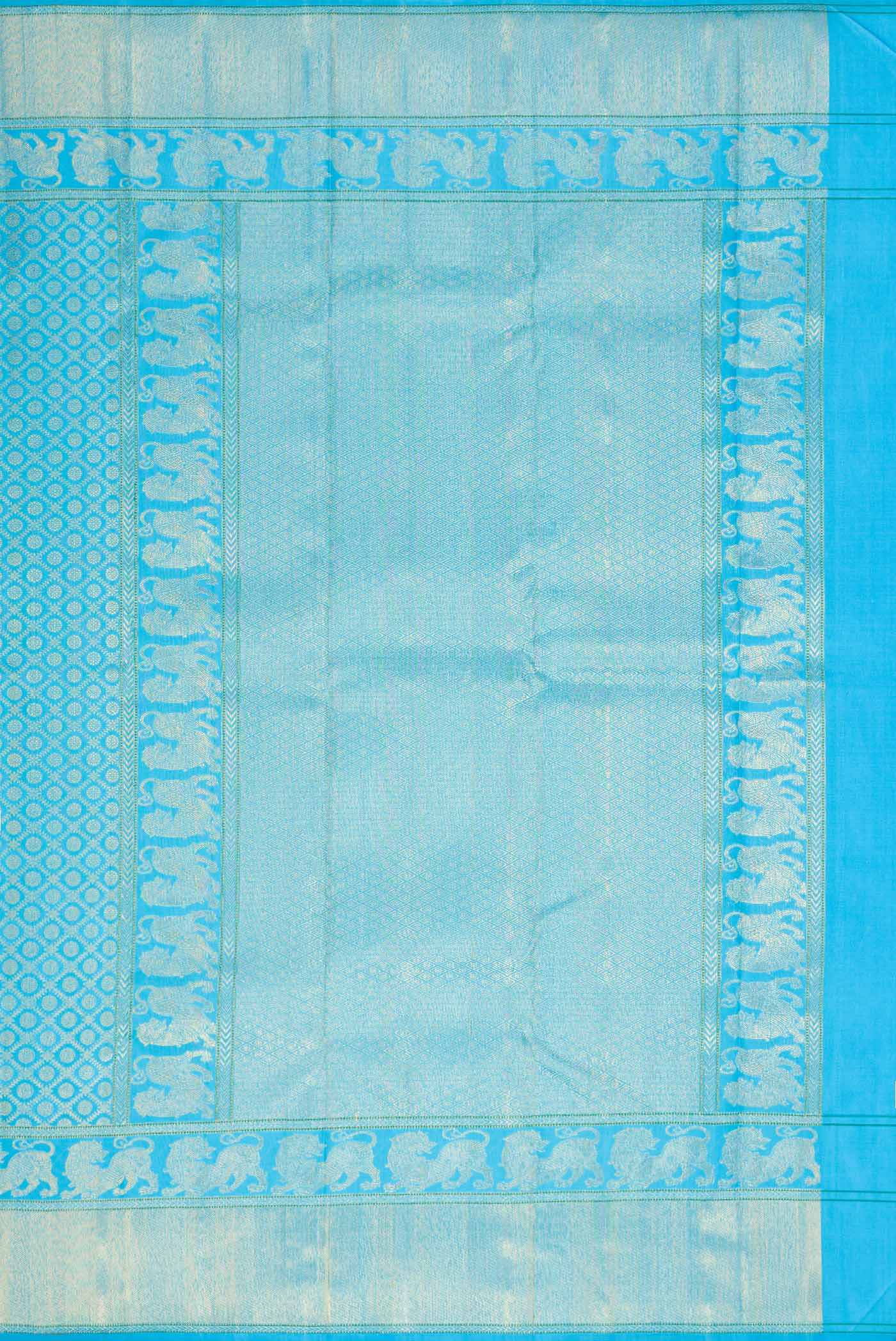 Close up image of the pallu of Pure Silk Pure Zari Sky Blue Dual Tone Kanchipuram Saree with Zari Brocade on the body and Fancy Border