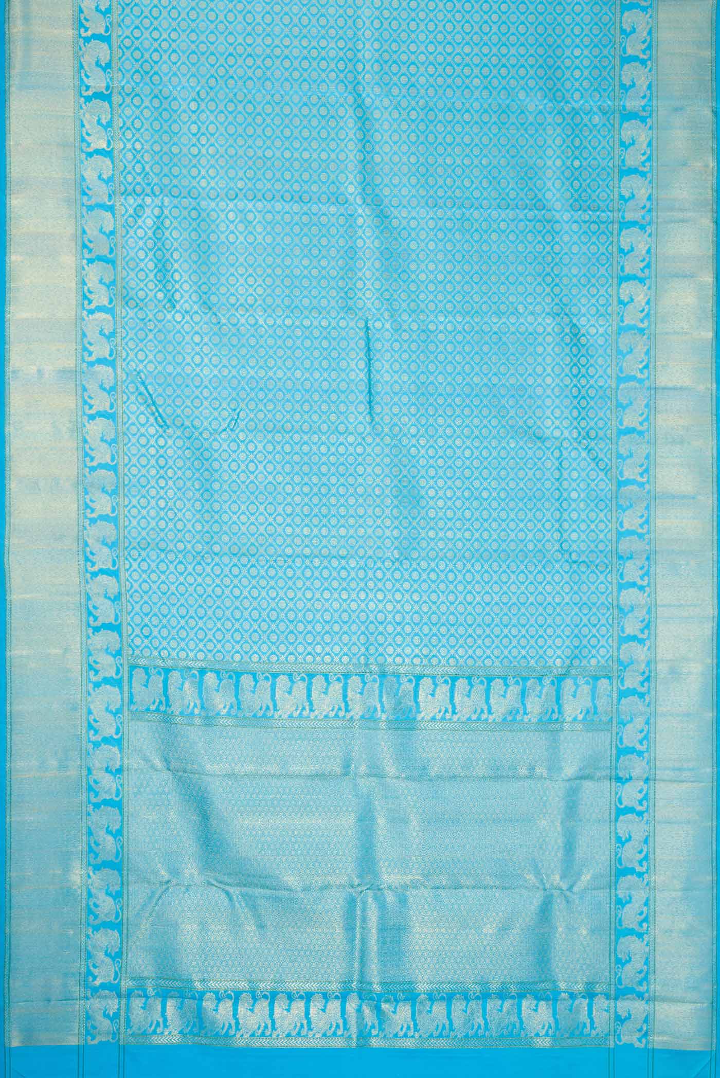 Flat view of Pure Silk Pure Zari Sky Blue Dual Tone Kanchipuram Saree with Zari Brocade on the body and Fancy Border