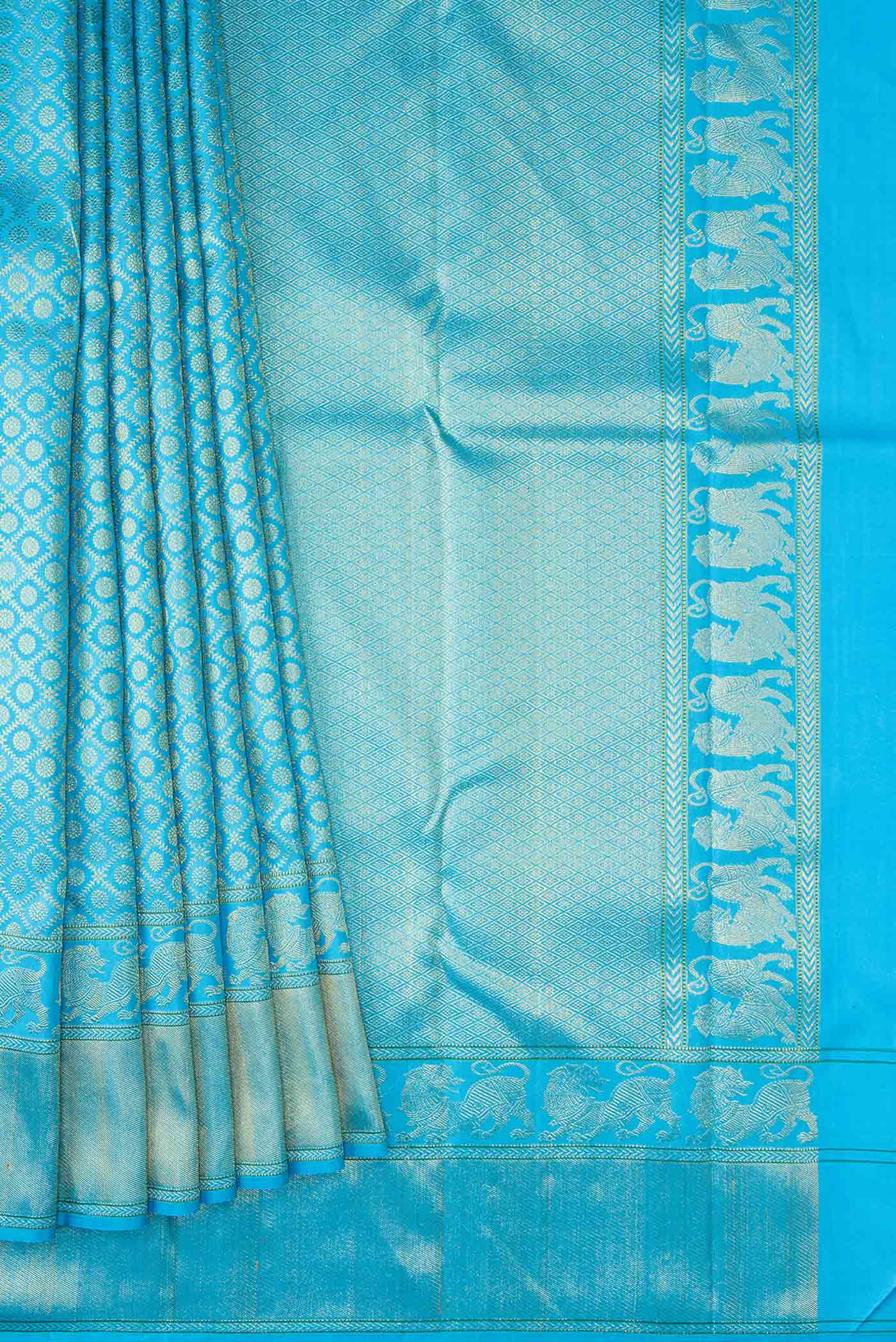Pleats and pallu of Pure Silk Pure Zari Sky Blue Dual Tone Kanchipuram Saree with Zari Brocade on the body and Fancy Border