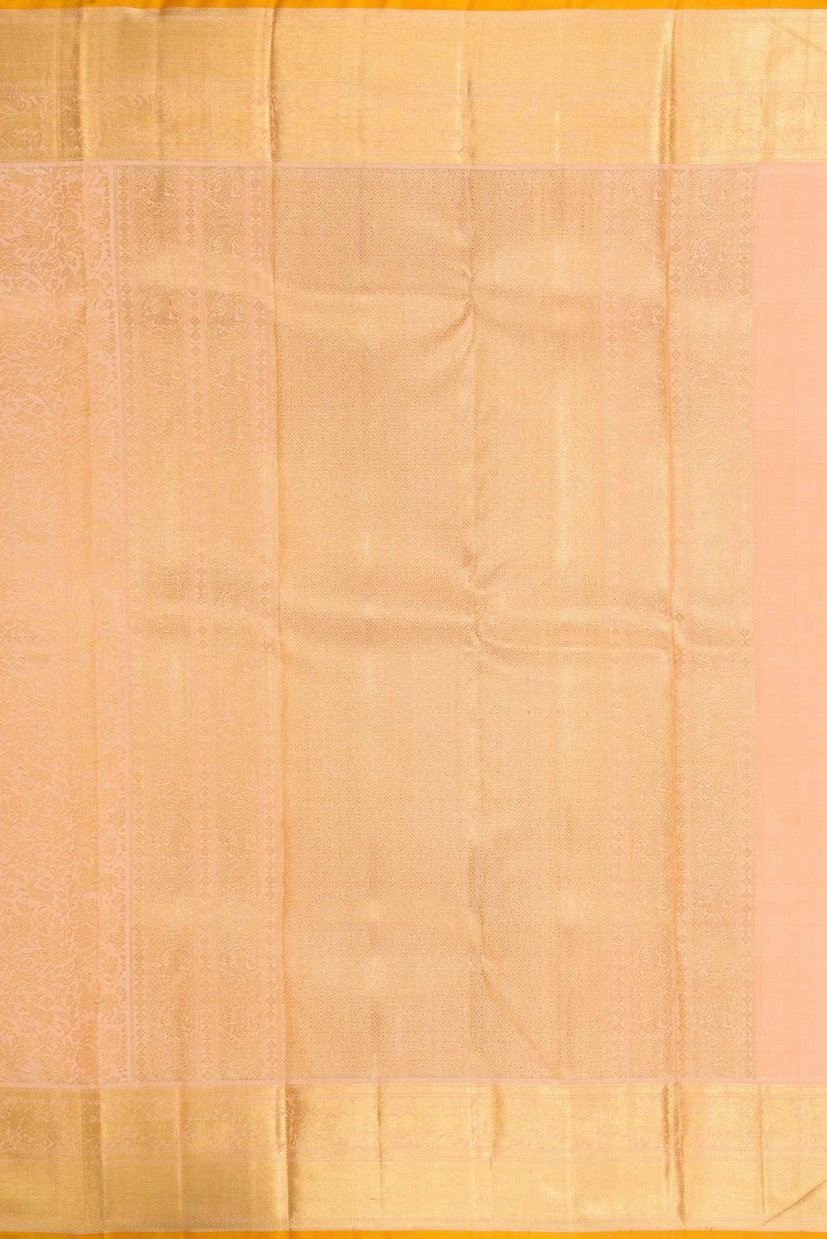 Close up image of the pallu of Pure Silk Pure Zari Golden Peach Dual Tone Kanchipuram Saree with Zari Brocade on the body and Zari Border