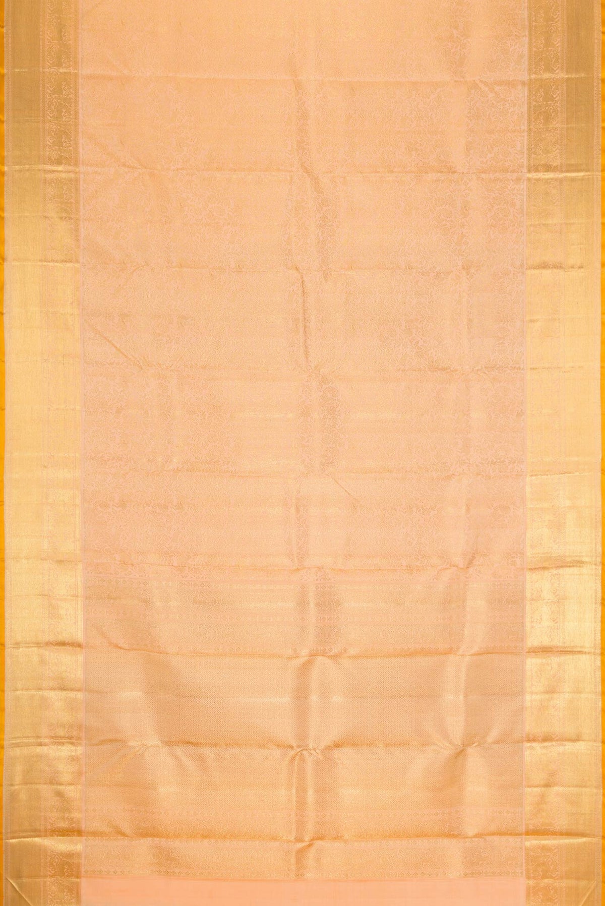 Flat view of Pure Silk Pure Zari Golden Peach Dual Tone Kanchipuram Saree with Zari Brocade on the body and Zari Border