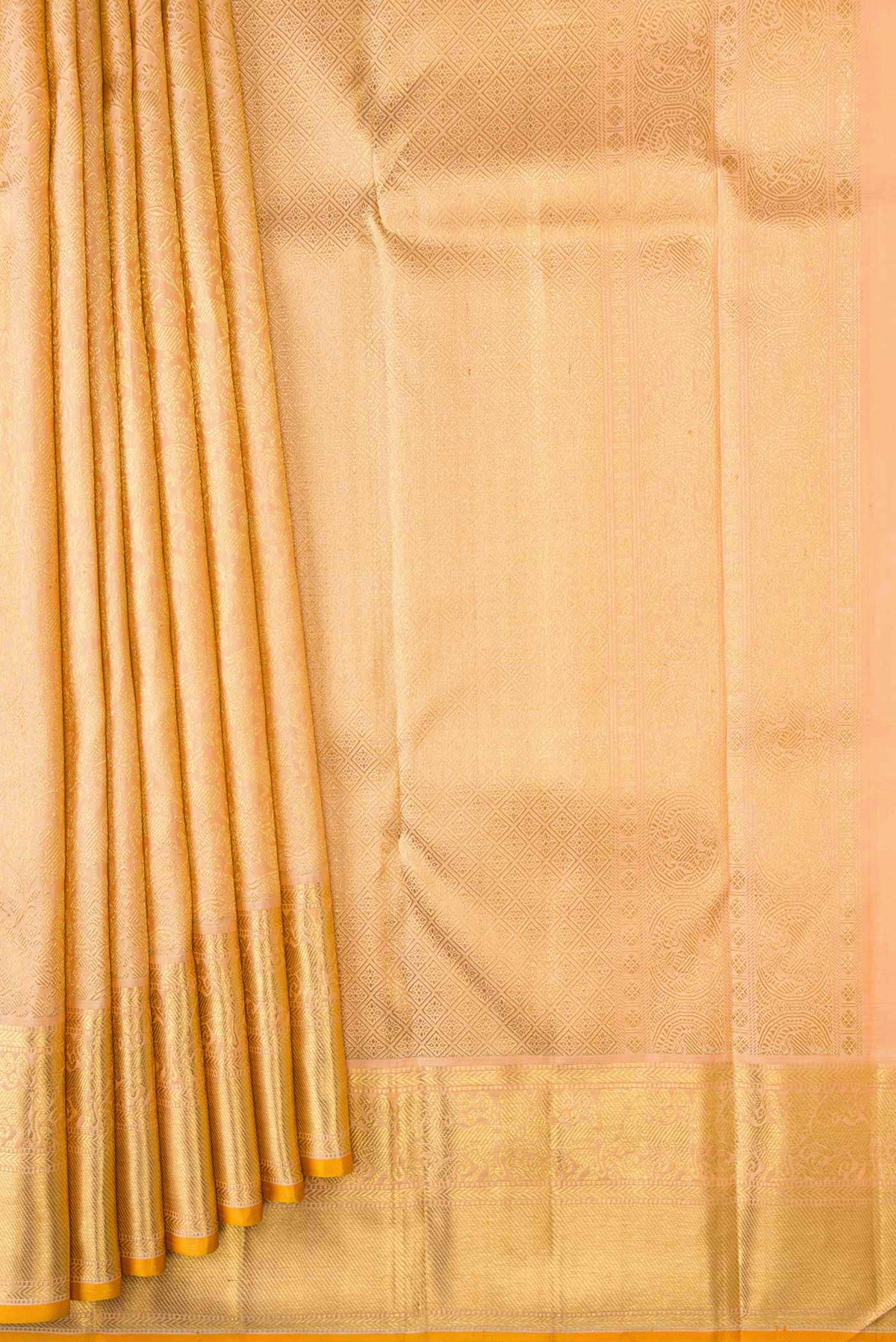 Pleats and pallu of Pure Silk Pure Zari Golden Peach Dual Tone Kanchipuram Saree with Zari Brocade on the body and Zari Border