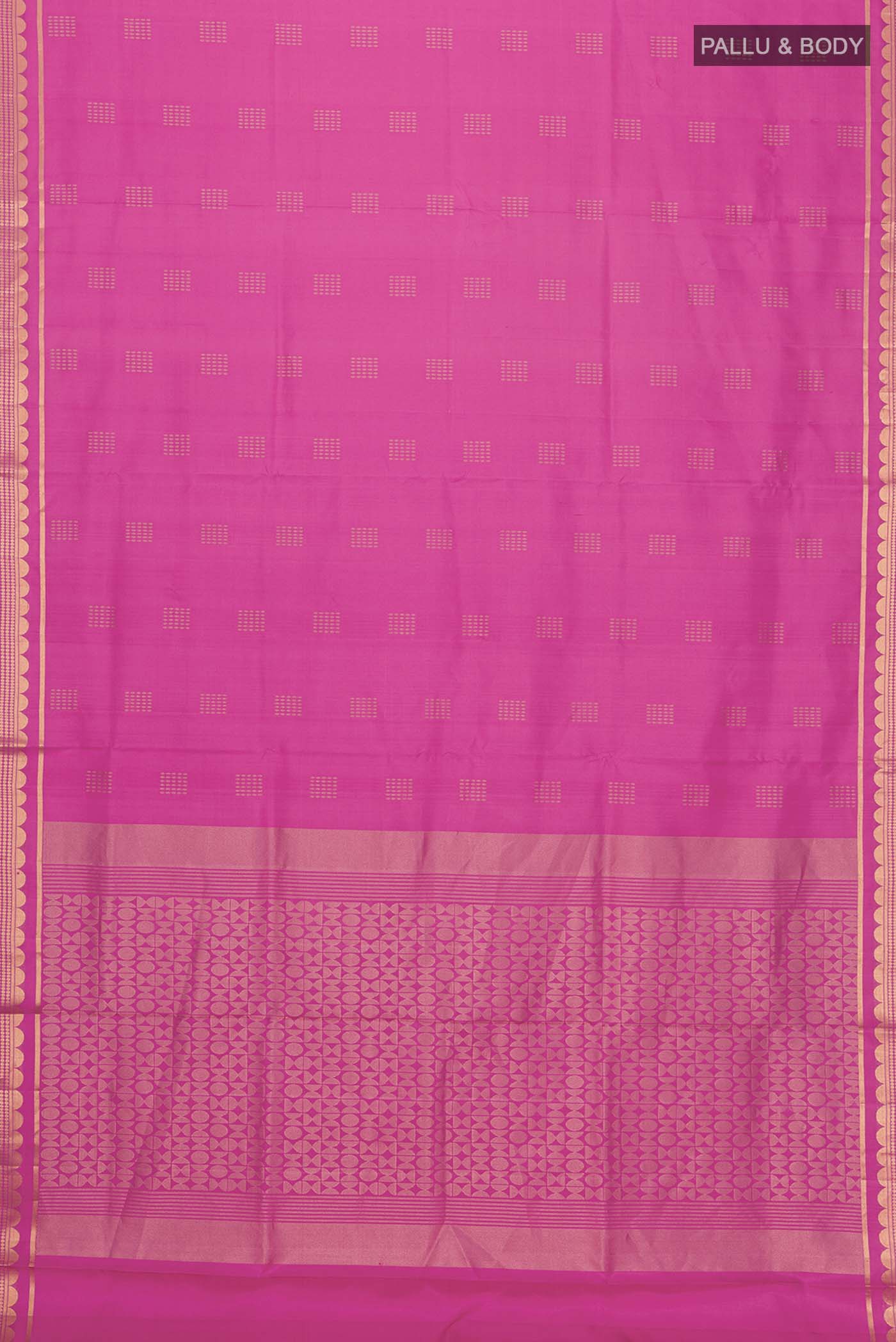Flat view of Pink Soft Silk Saree with Zari Butta on the body and Zari Border