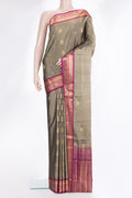 Pure Silk Grey Soft Saree with Zari Butta on the body and Zari Border.  displayed on a mannequin