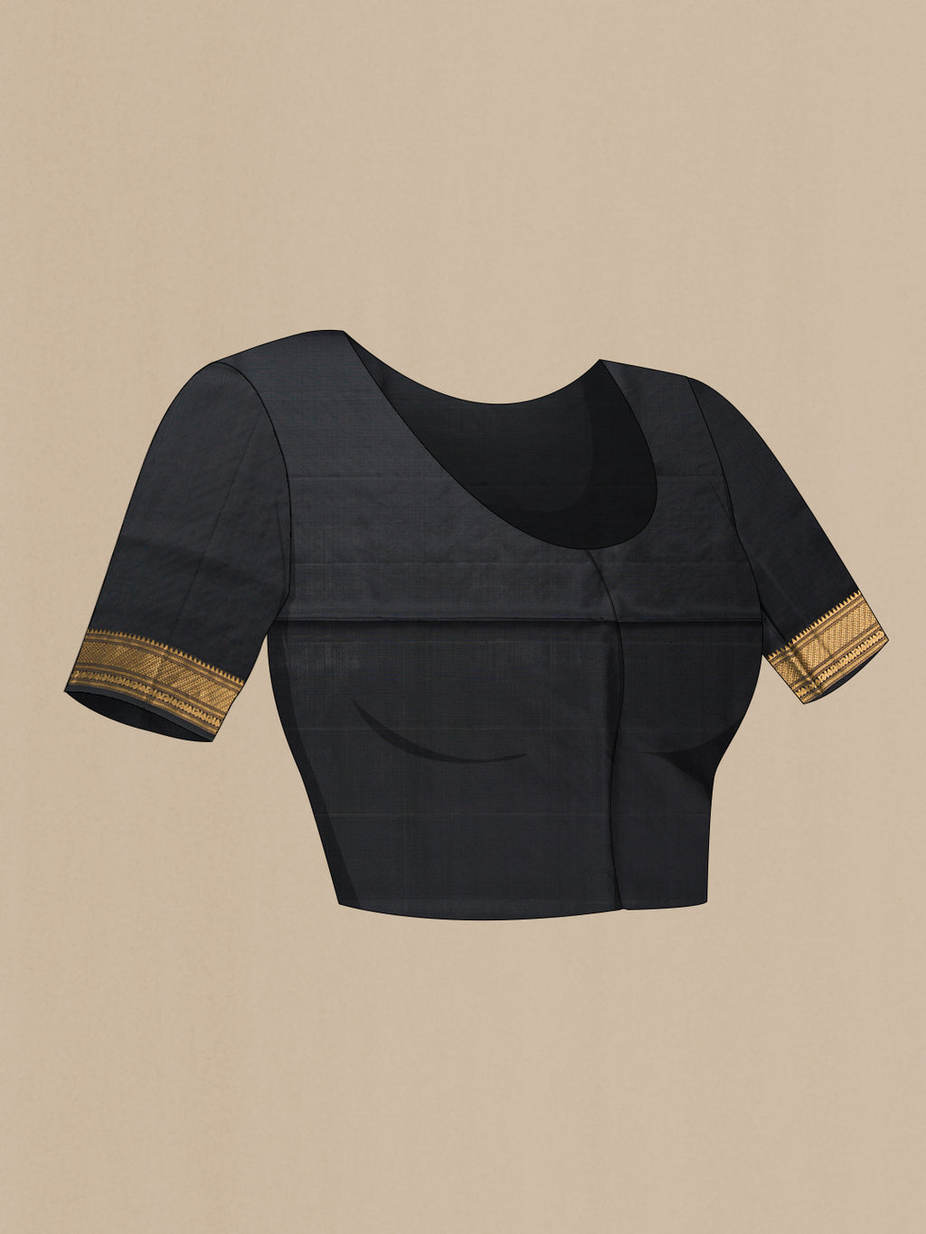 Close up image of the blouse of Black Dual Tone Soft Silk Saree with Zari Butta on the body and Zari Border. 