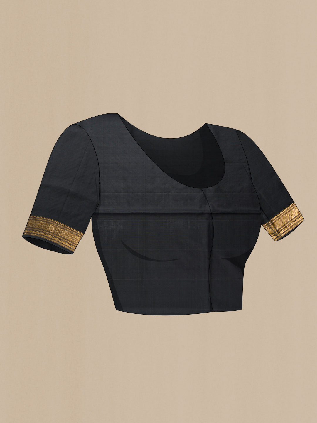 Close up image of the blouse of Black Dual Tone Soft Silk Saree with Zari Butta on the body and Zari Border. 