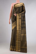 Black Dual Tone Soft Silk Saree with Stripes on the body and Zari Border displayed on a mannequin