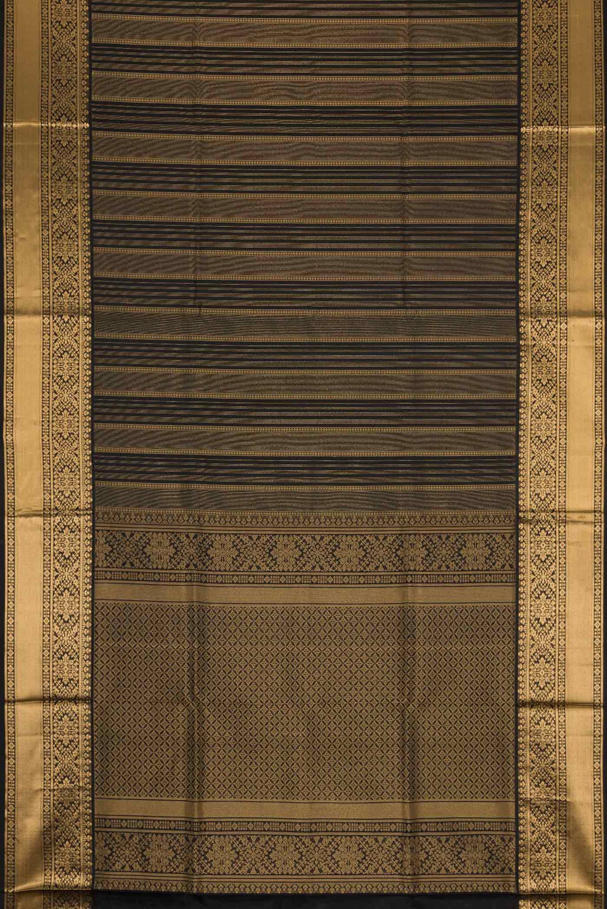 Flat view of Black Dual Tone Soft Silk Saree with Stripes on the body and Zari Border