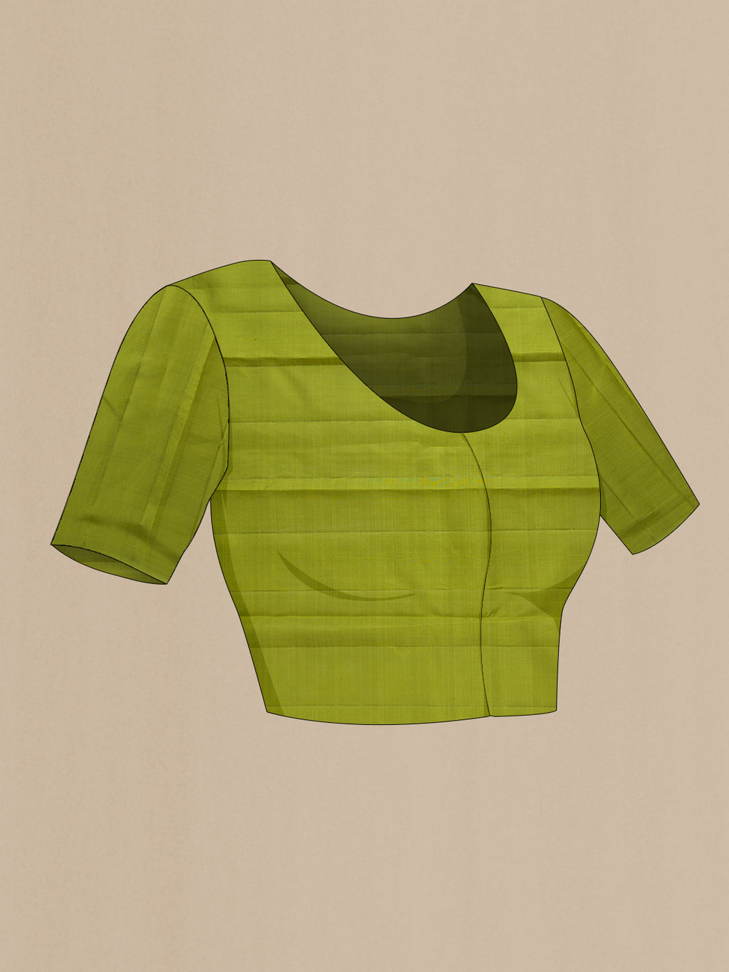 Close up image of the blouse of Pure Silk Pure Zari Green Dual Tone Kanjivaram Saree with Zari Butta on the body and Without Border. 