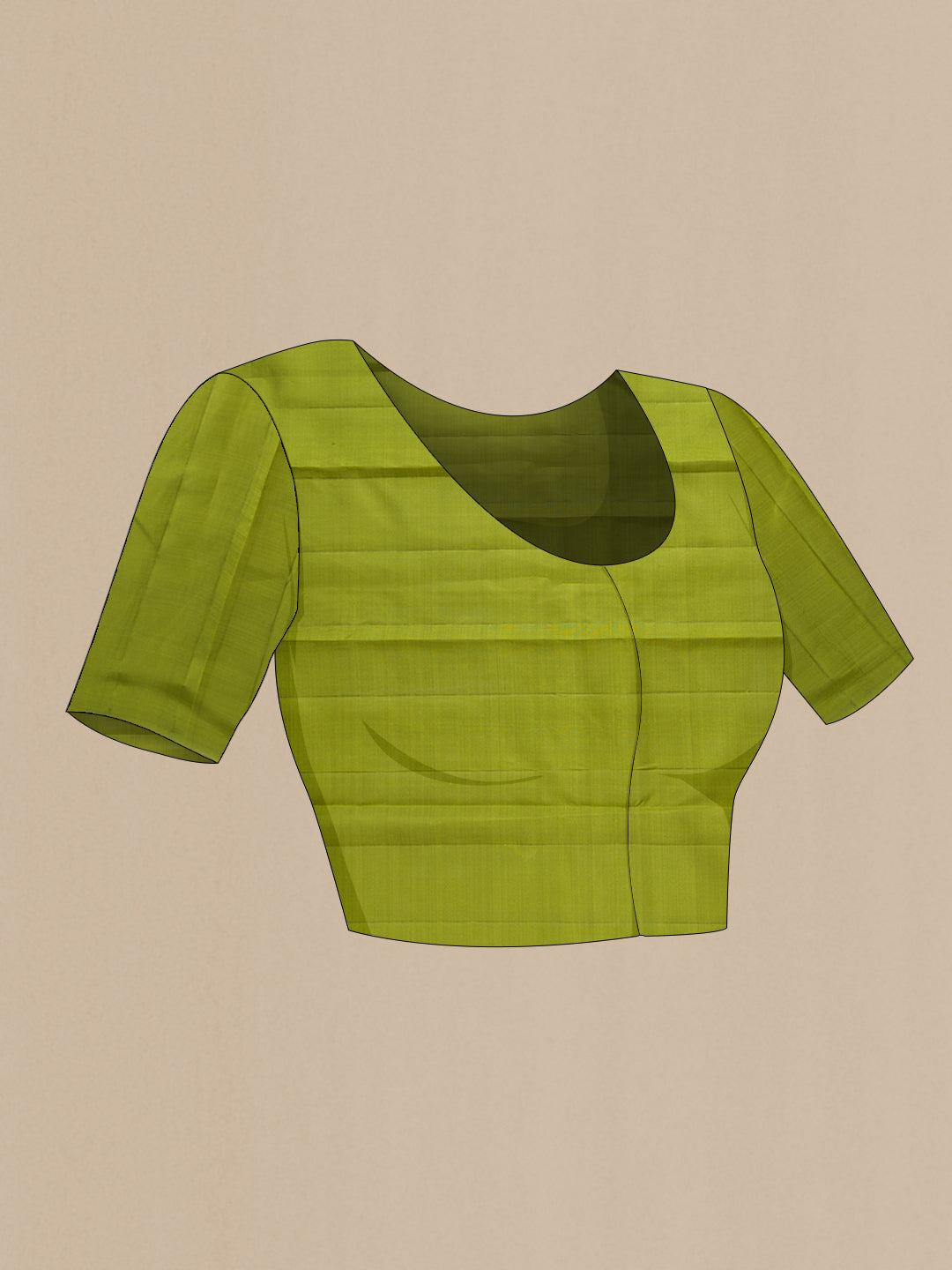 Close up image of the blouse of Pure Silk Pure Zari Green Dual Tone Kanjivaram Saree with Zari Butta on the body and Without Border. 