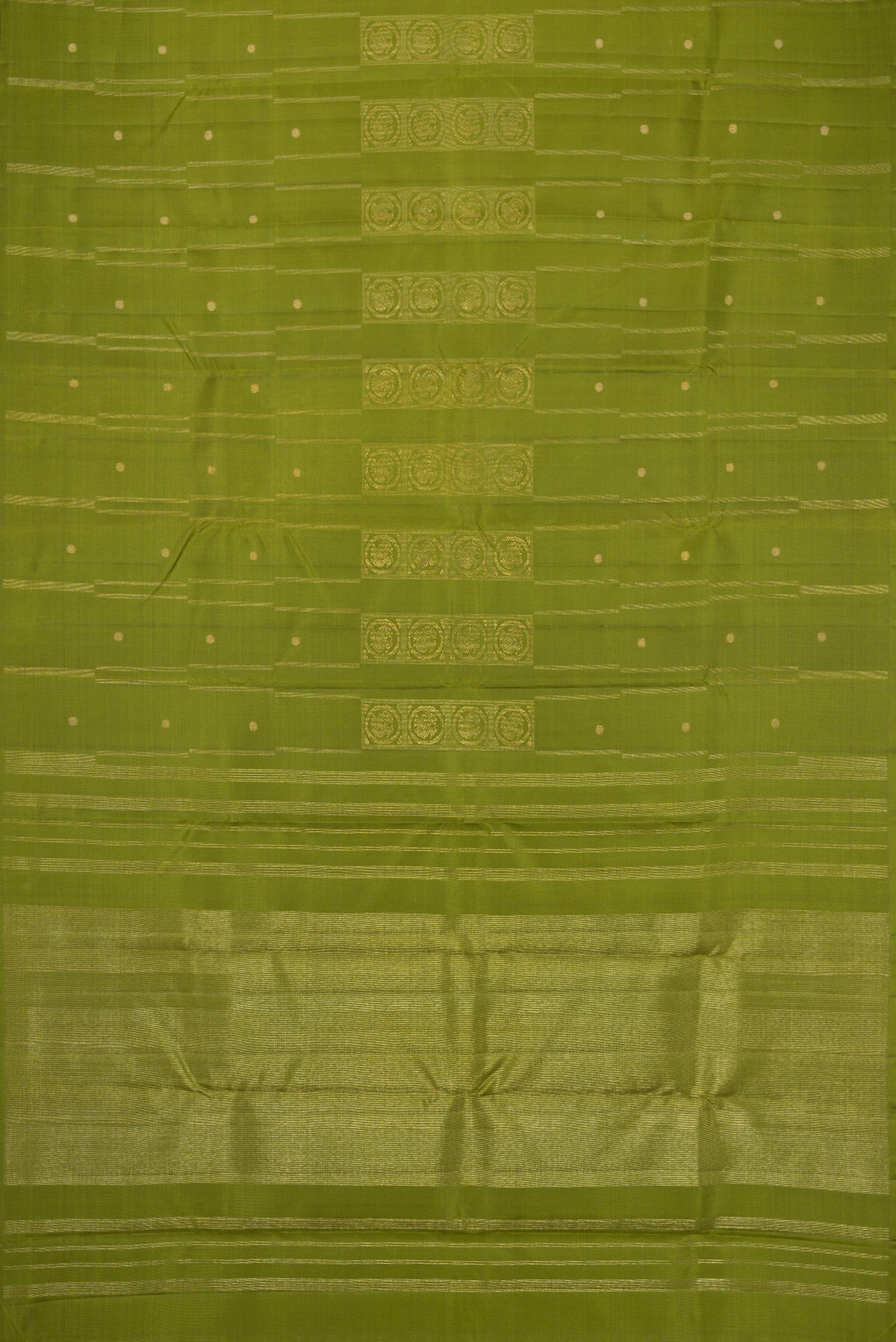 Flat view of Pure Silk Pure Zari Green Dual Tone Kanjivaram Saree with Zari Butta on the body and Without Border. 