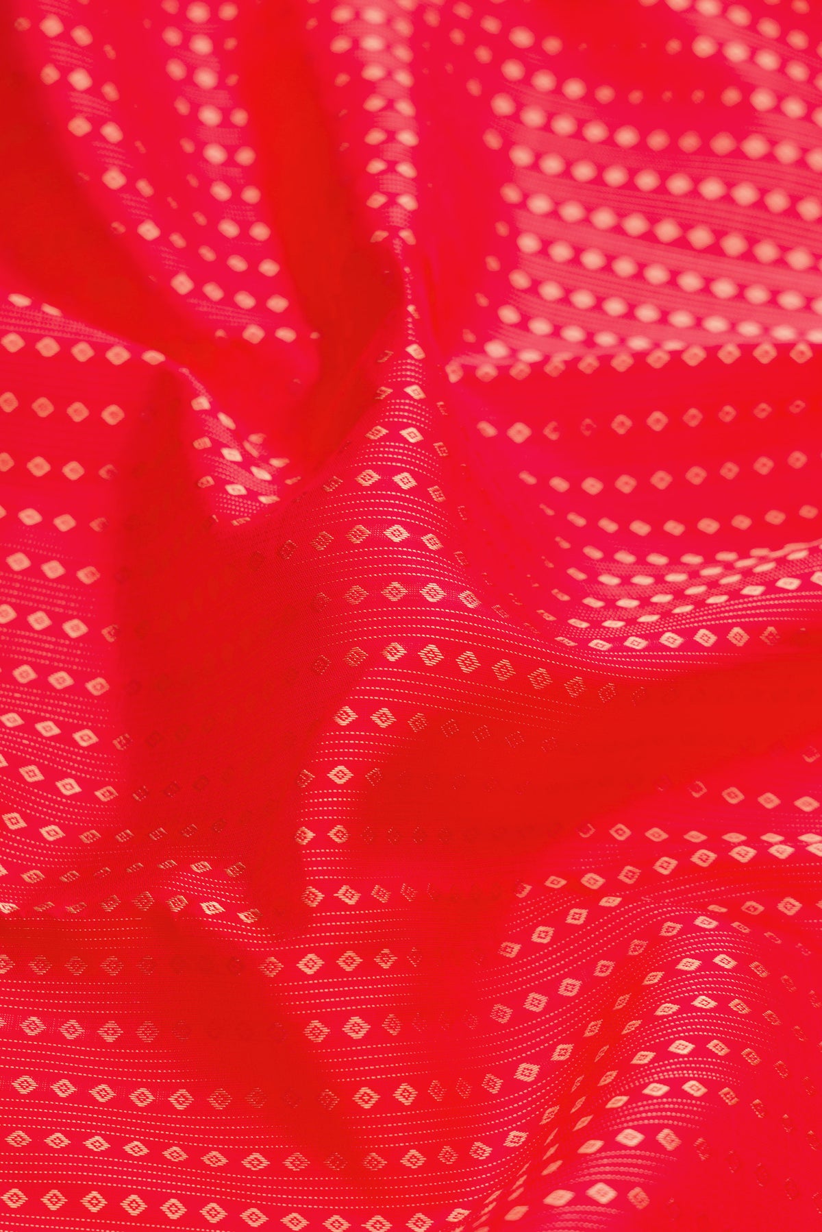 Close up of Red Dual Tone Kanjivaram Silk Saree with Stripes on the body and Without Border.  displaying folds