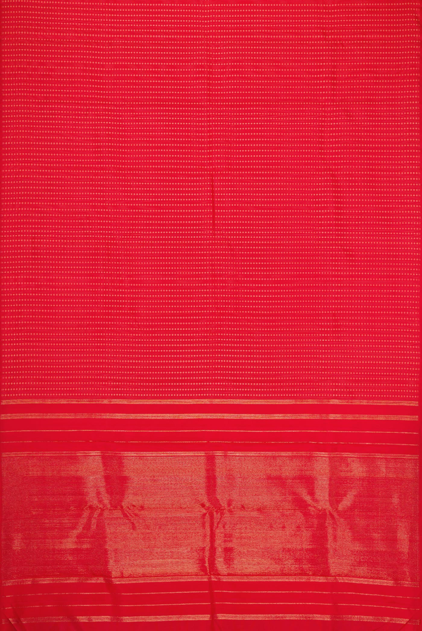 Flat view of Red Dual Tone Kanjivaram Silk Saree with Stripes on the body and Without Border. 