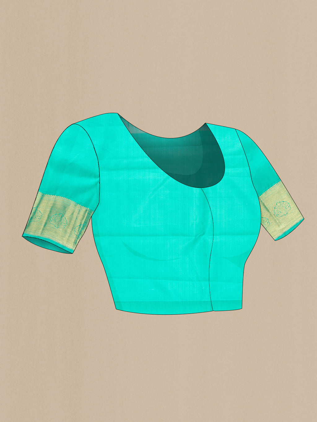 Close up image of the blouse of Pure Silk Pure Zari Sea Green Dual Tone Kanchipuram Saree with Zari Brocade on the body and Zari Border