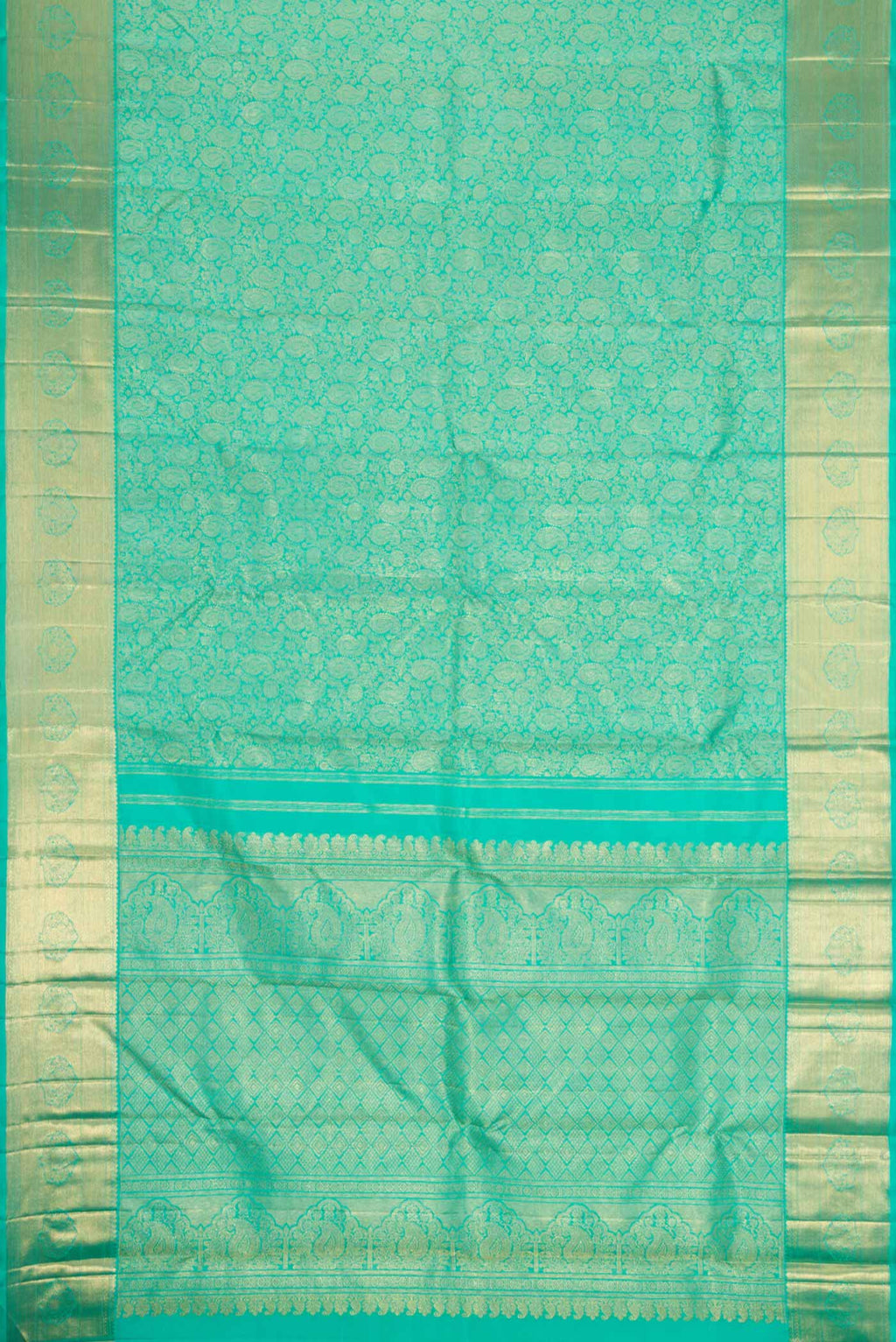 Flat view of Pure Silk Pure Zari Sea Green Dual Tone Kanchipuram Saree with Zari Brocade on the body and Zari Border