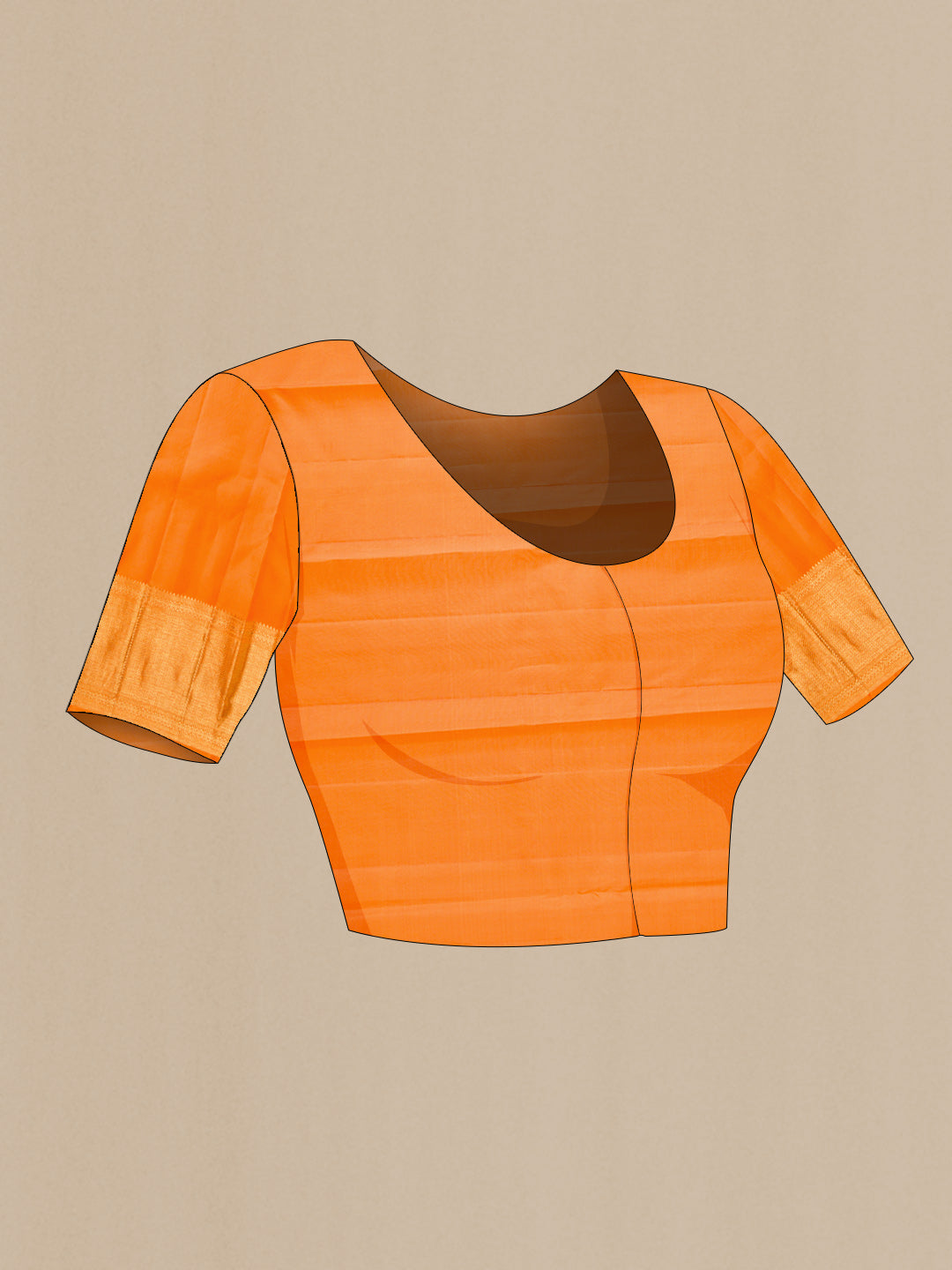 Close up image of the blouse of Pure Silk Pure Zari Orange Dual Tone Kanchipuram Saree with Zari Brocade on the body and Zari Border