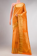 Pure Silk Pure Zari Orange Dual Tone Kanchipuram Saree with Zari Brocade on the body and Zari Border displayed on a mannequin