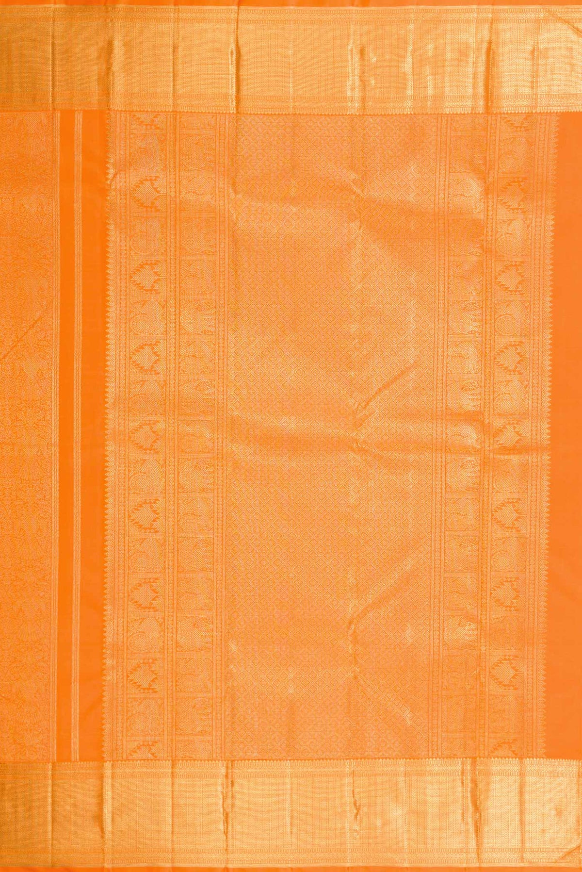 Close up image of the pallu of Pure Silk Pure Zari Orange Dual Tone Kanchipuram Saree with Zari Brocade on the body and Zari Border