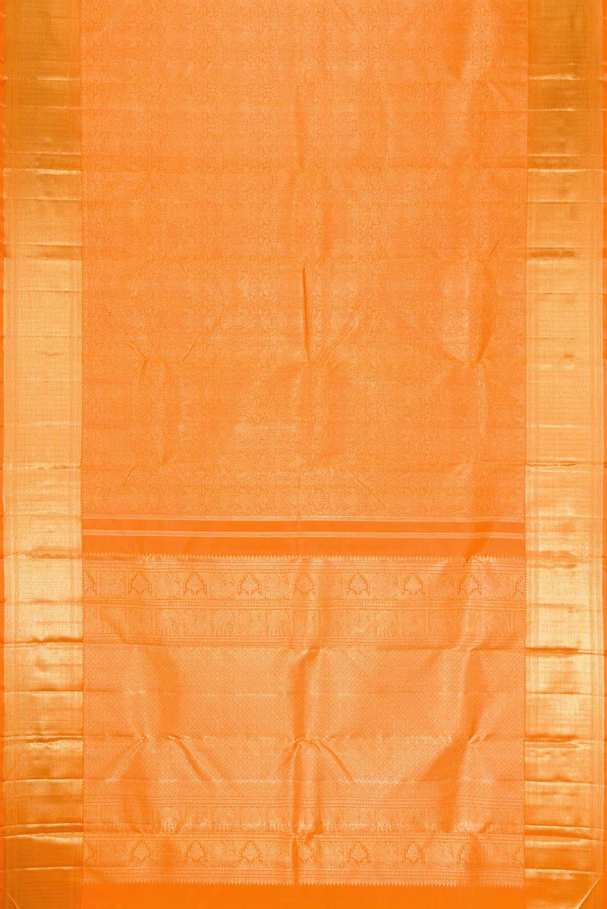 Flat view of Pure Silk Pure Zari Orange Dual Tone Kanchipuram Saree with Zari Brocade on the body and Zari Border