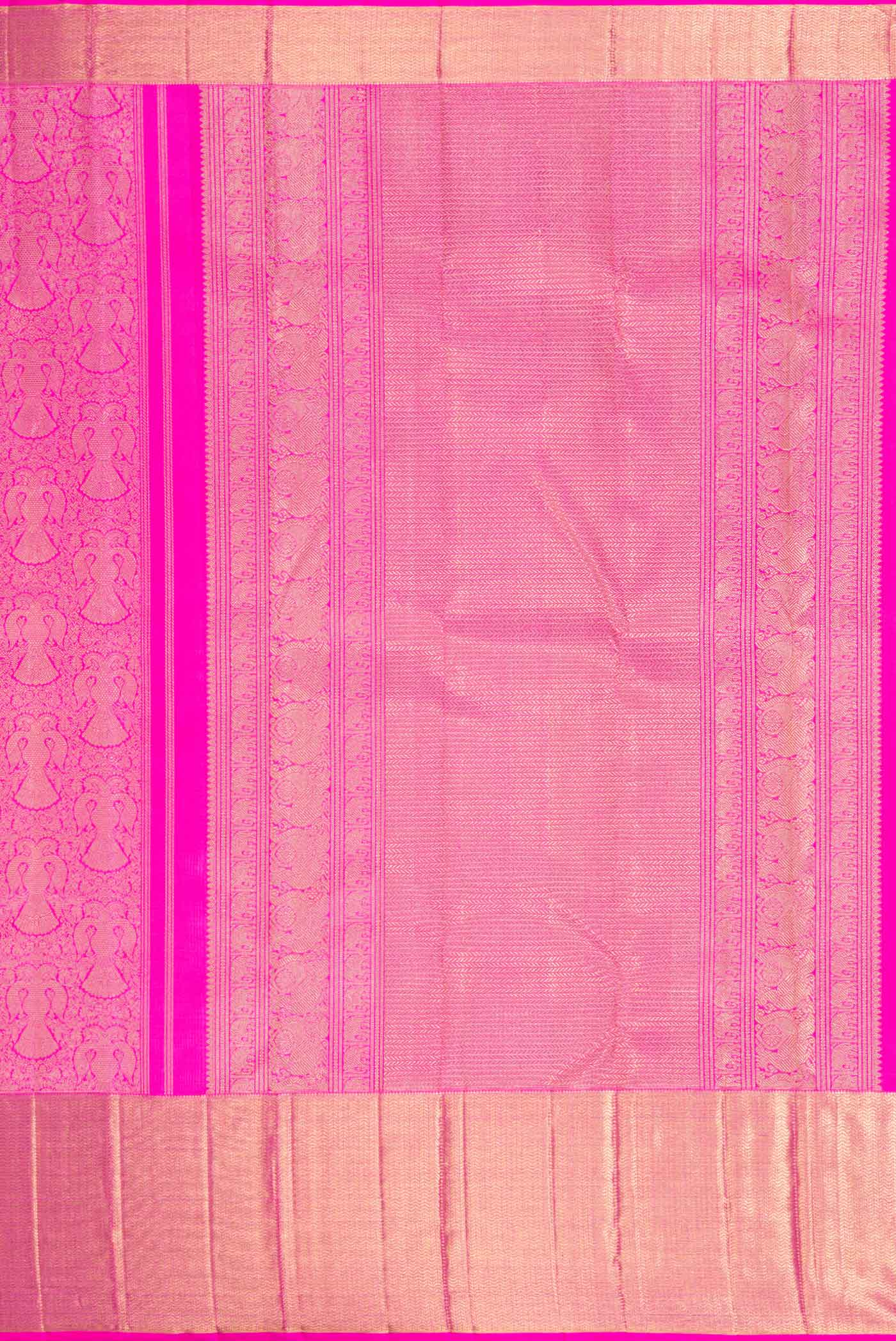 Close up image of the pallu of Pure Silk Pure Zari Pink Dual Tone Kanjivaram Saree with Zari Brocade on the body and Zari Border. 