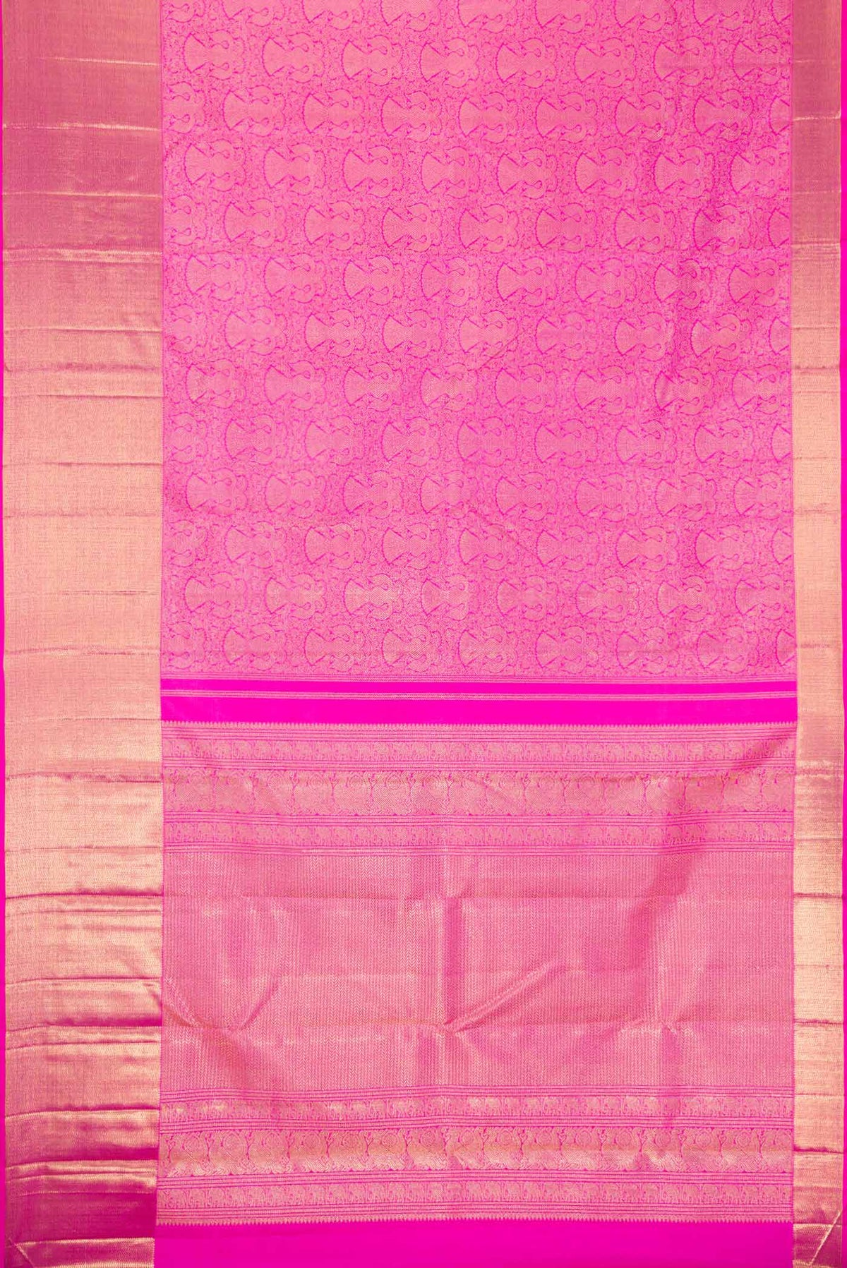 Flat view of Pure Silk Pure Zari Pink Dual Tone Kanjivaram Saree with Zari Brocade on the body and Zari Border. 