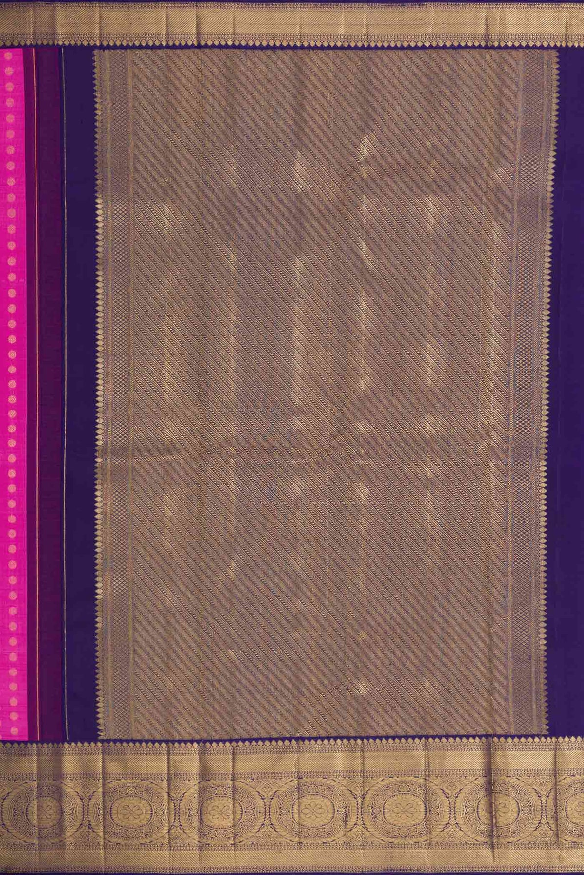 Close up image of the pallu of Pure Silk Pure Zari Pink Dual Tone Kanchipuram Saree with Zari Brocade on the body and Zari Border