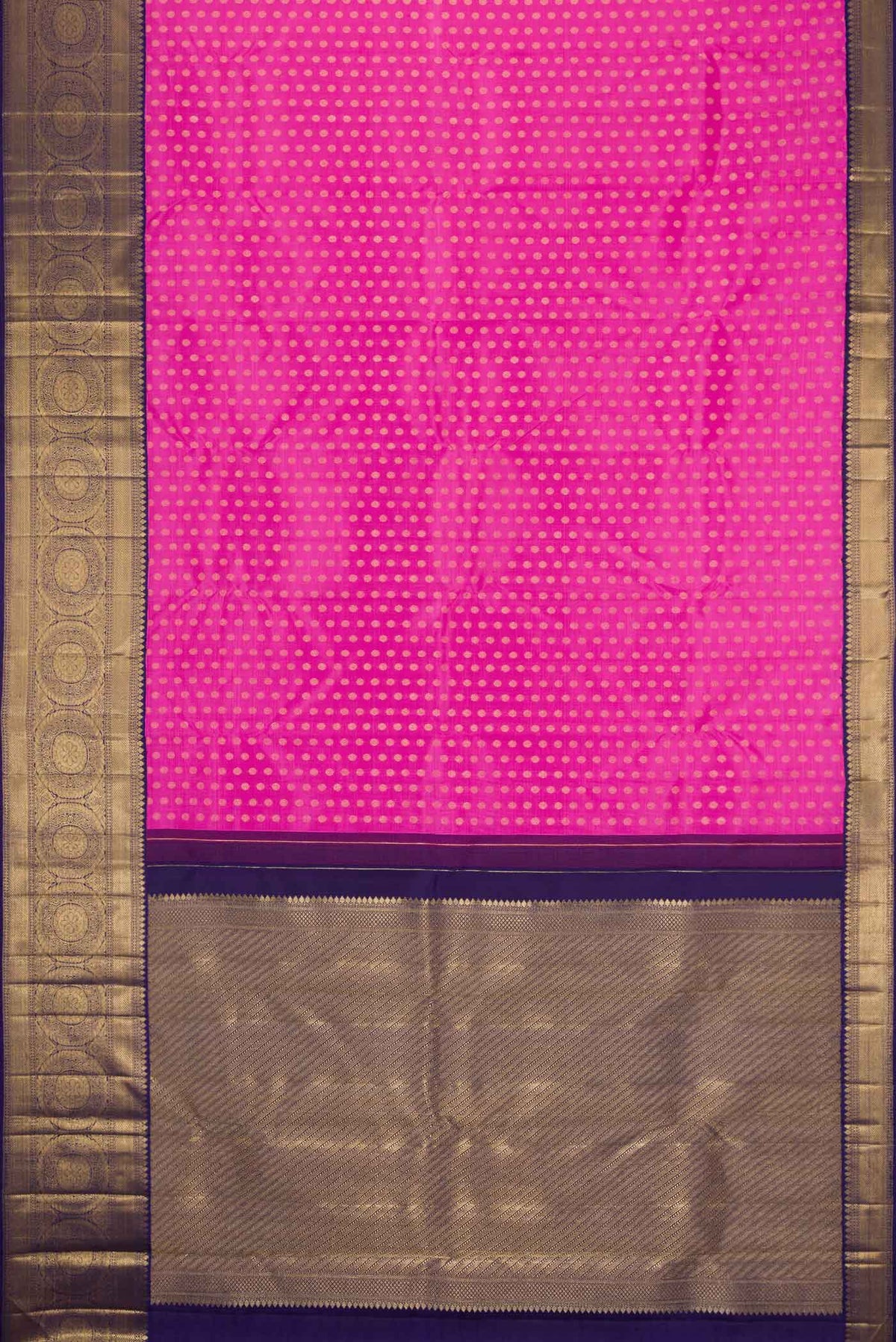 Flat view of Pure Silk Pure Zari Pink Dual Tone Kanchipuram Saree with Zari Brocade on the body and Zari Border