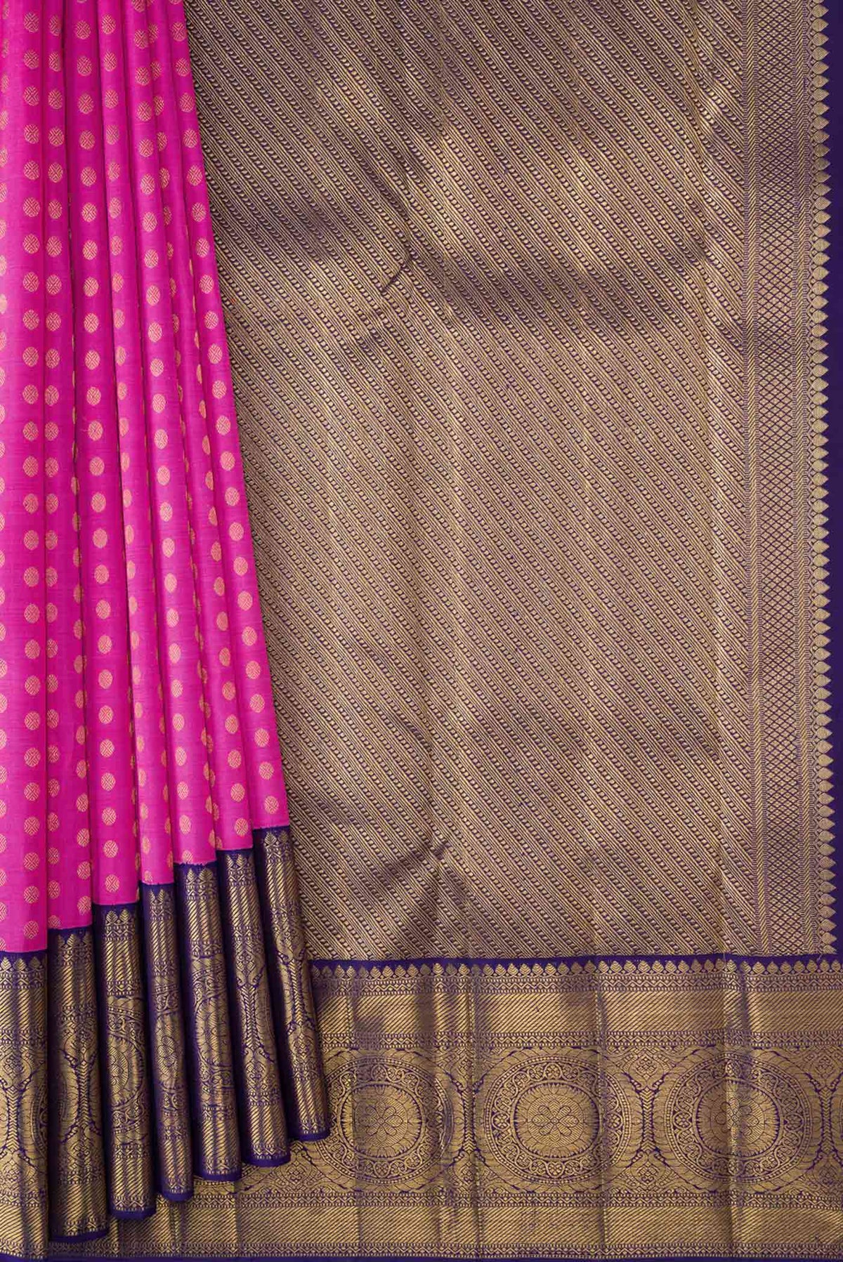 Pleats and pallu of Pure Silk Pure Zari Pink Dual Tone Kanchipuram Saree with Zari Brocade on the body and Zari Border