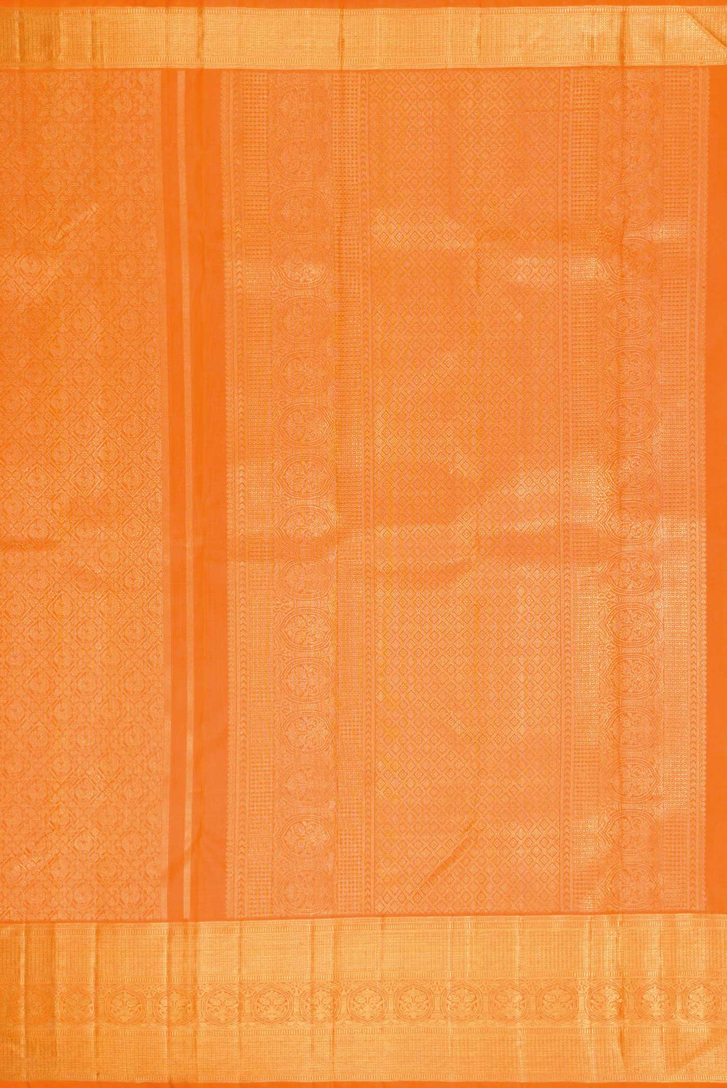 Close up image of the pallu of Pure Silk Pure Zari Orange Dual Tone Kanchipuram Saree with Zari Brocade on the body and Zari Border