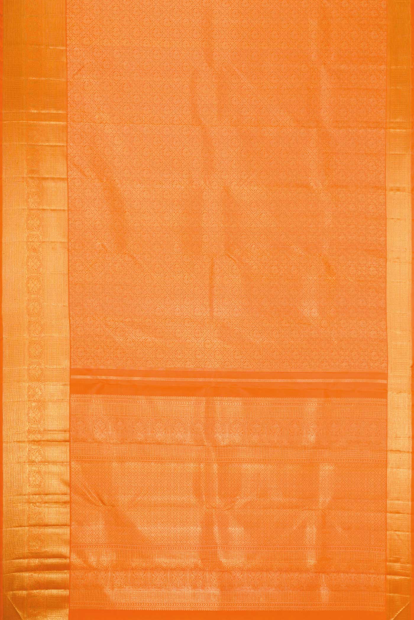 Flat view of Pure Silk Pure Zari Orange Dual Tone Kanchipuram Saree with Zari Brocade on the body and Zari Border