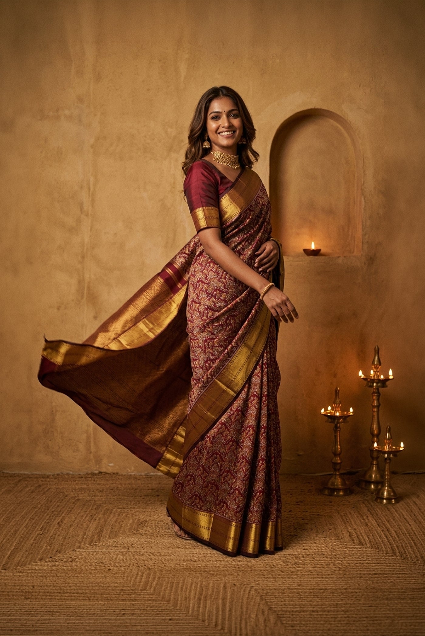 Model wearing a Maroon Dual Tone Kanchipuram Silk Saree with Zari Brocade on the body and Zari Border.