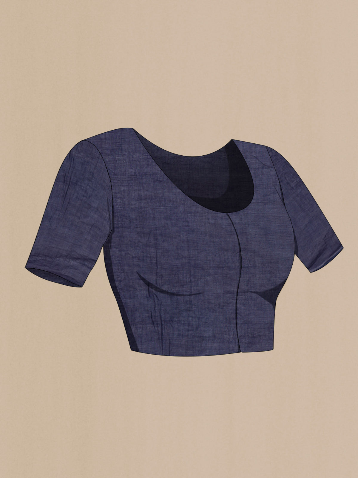 Close up image of the blouse of Navy Blue Cotton Saree with Printed design on the body and Printed Border