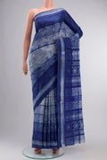 Blue Tussar Silk Saree Printed design on the body and Printed Border displayed on a mannequin